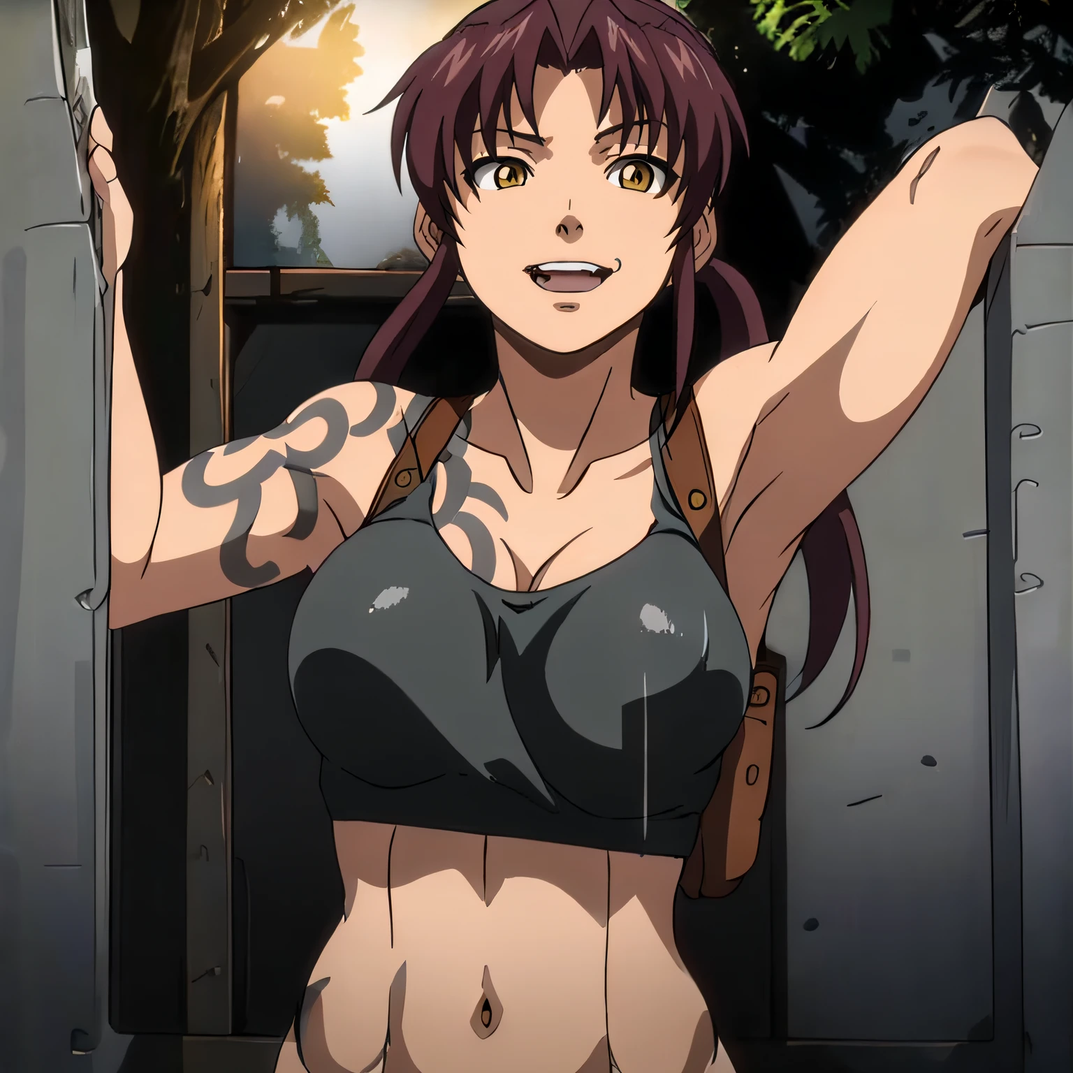 masterpiece,high quality,solo,outdoors, smirk,open mouth,, revy,1woman, long hair,ponytail,brown hair,yellow eyes,tattoo,shoulder tattoo,arm tattoo, collarbone,cleavage,breasts,bare shoulders,black tank top,shoulder holster, midriff,, breasts, armpits, ,nude, desnudo