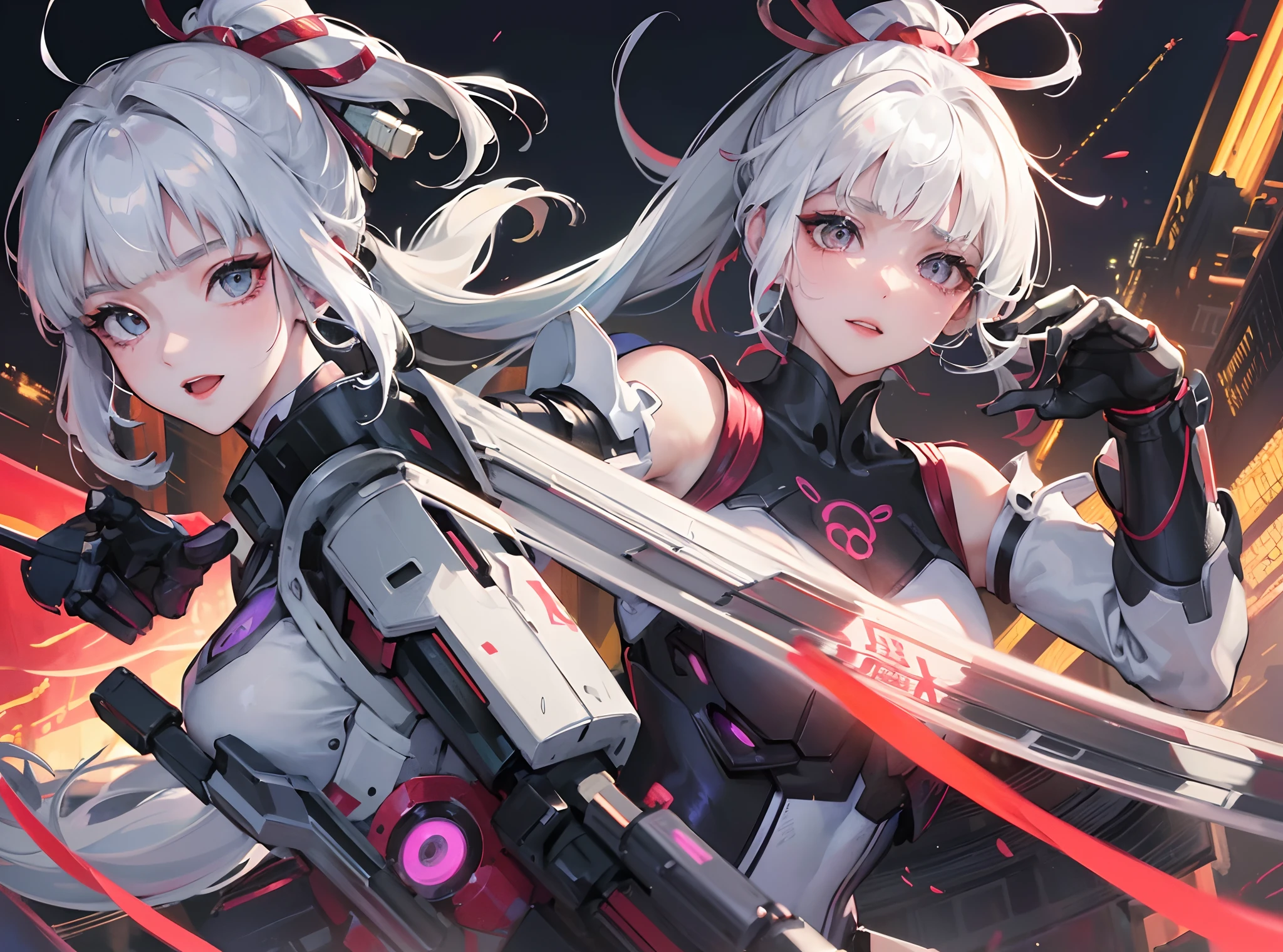 (masterpiece:1.2),(best quality:1.2),Cyberpunk,Hanfu,(Cyberpunk Hanfu:1.1),((best illustration)),((cinematic lighting)),absurdres,looking at viewer,panoramic view,solo,kamisato ayaka (flawless radiance),kamisato ayaka,official costume,((White hair)),ponytail,kote,kusazuri,blunt bangs,hair ribbon,red ribbon,Mechanical parts long skirt,japanese armor,gacha banner,upper body,floating,seductive_smile,detailed face,extreme detail description,ultra-fine painting,close-up view,city,water vapor,(Robotic arm:1.1),black leggings,
INFO