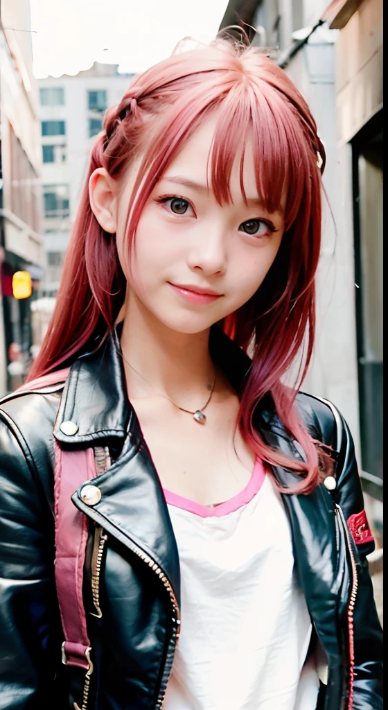 (masutepiece), cute little, (sixteen years old:1.4), Solo, 1 woman, (Charming punk girl), Blue eyes,faces、(A smile:1.5),Playing guitar, (Front face), (Leather jackets and tattoos), (Band T-shirt), (Ripped jeans), ((Urban alley background)), (up close shot), Beautiful hands, Two hands, normal hands, Two arms, complete hands, Beautiful body, Beautiful fingers, normal fingers, Five Fingers, Five Fingers, (Thumb index finger ring finger), Beautiful ears, normal ears, Beautiful eyes, shiny eyes, Beautiful mouth, Beautiful lips,Medium hair with pink hair, (Pink hair), Ear Hair, small tits, Single braid, (Single braid), (Side braid)