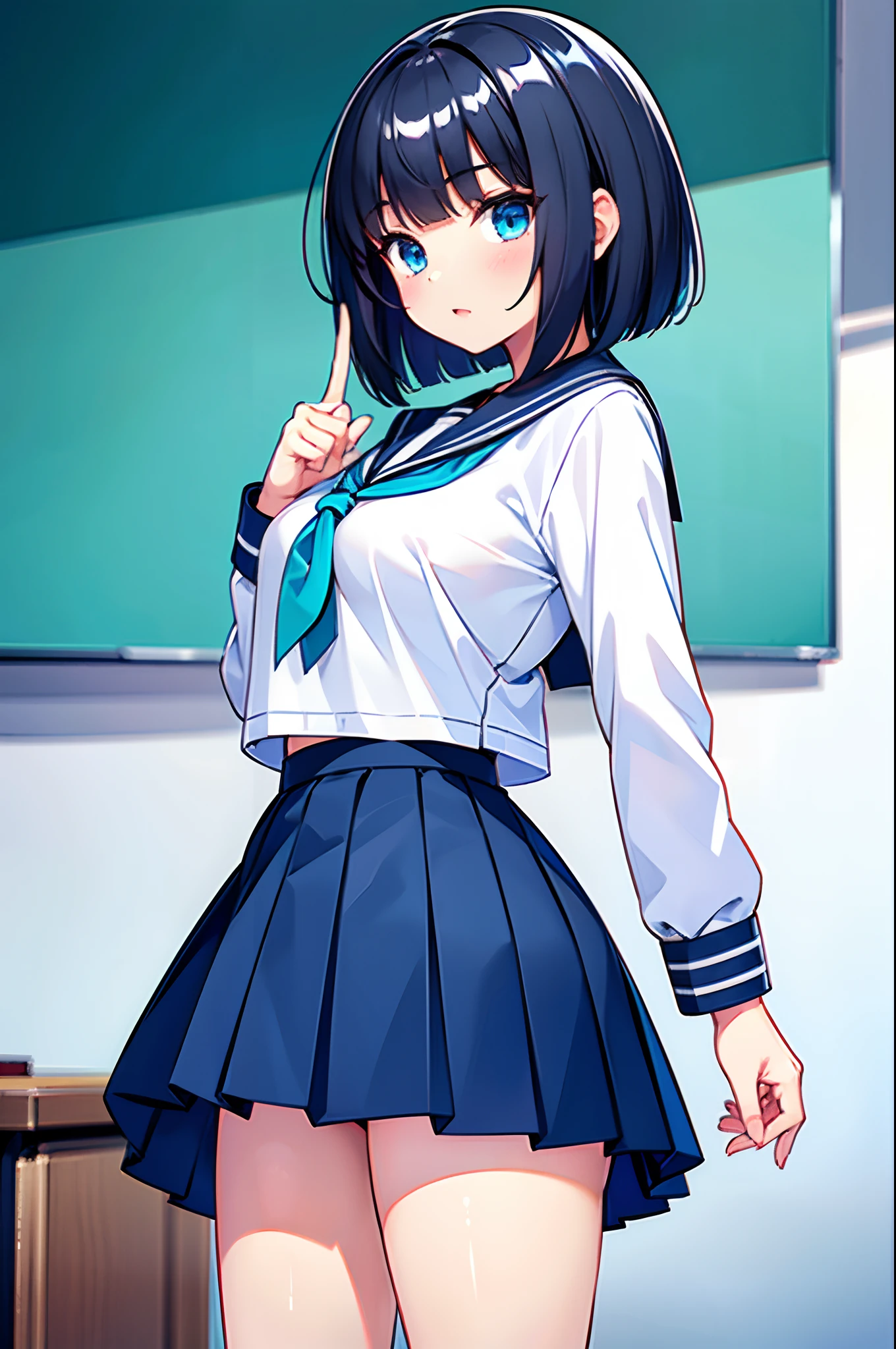 girls，18yr old，Bigchest，with short black hair，Turquoise blue eyes，JK school uniform，white  clothes，Blue miniskirt，are standing，detailed finger，Back against white walls