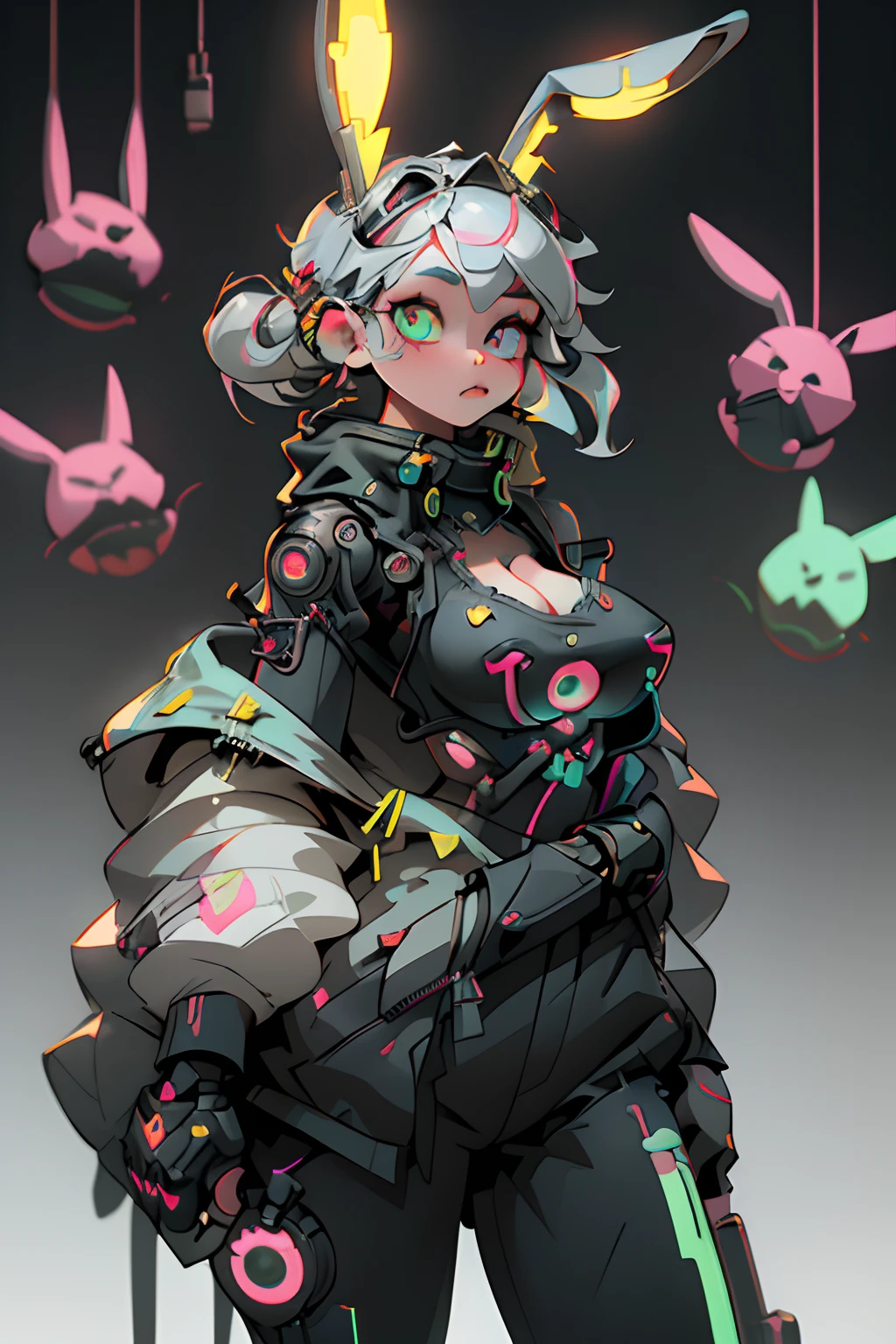 (the Extremely Detailed CG Unity 8K Wallpapers、masterpiece、top-quality、ultra-detailliert)、(The best lighting、Best Shadows、extremely delicate and beautiful)、floating、dynamic ungle、(1girl in)、(cyber punk style、Neon light)、big eye、kawaii eyes、(reddish:1.3 +Viola+verdant:1.2 +Green grass:0.9)The hair、Detailed hair depiction、(Cyberpunk attire:1.3、Colossal tits)、cleavage of the breast、Metallic Silver Accessories、radiant eyes、(Rabbit ears)、hight resolution、3D Art、Unreal Engine 5 Style