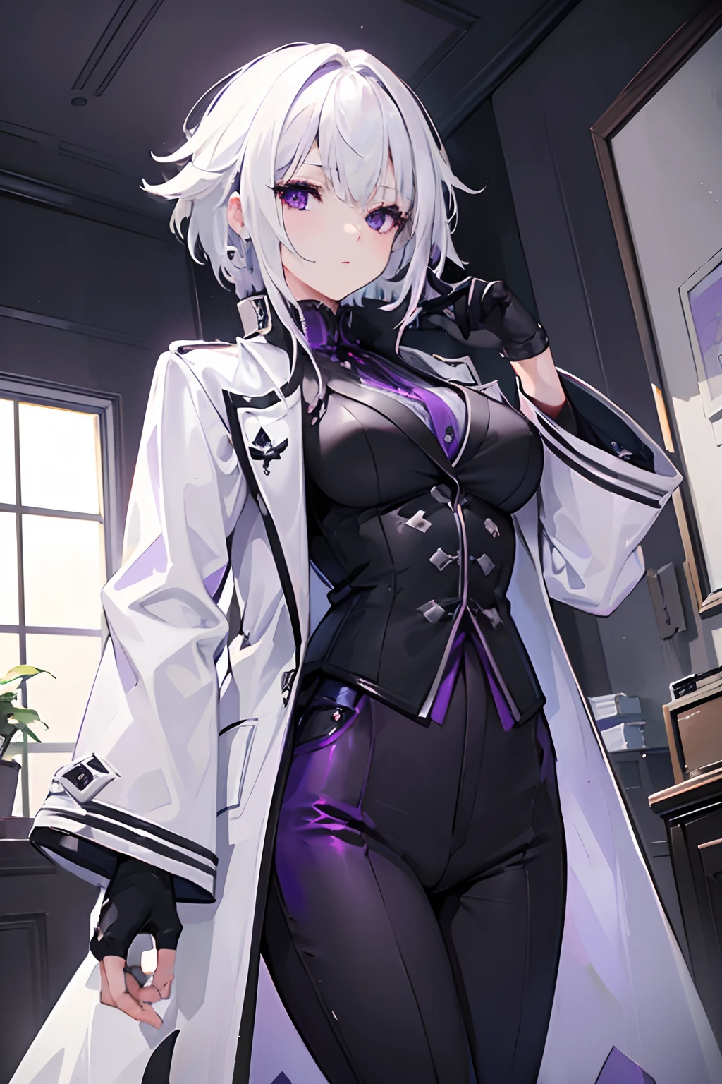 (masterpiece, best quality:1.2), illustration, 8k, hd, 1girl, solo, (((white hair, purple eyes, black coat))), medium breasts, black pants, short hair, indoors, arle suit,