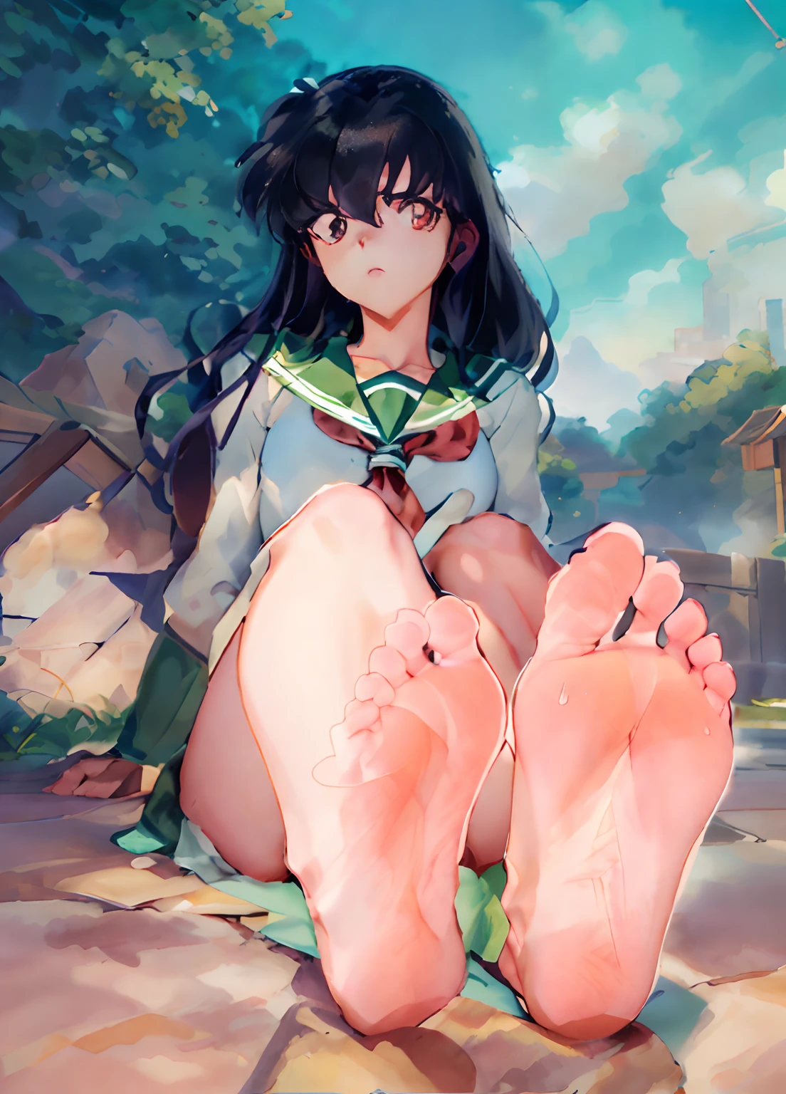 There is a drawing of a woman sitting on the ground, high soles, big legs, feet posing, Commission for high resolution, low resolution, full body commission for, detailed legs towering over you, detailed legs looming over you, Foot Art POV, oc commission, small legs, Detailed legs、Kagome Higurashi、sole of feet、Sweaty feet、bare-legged