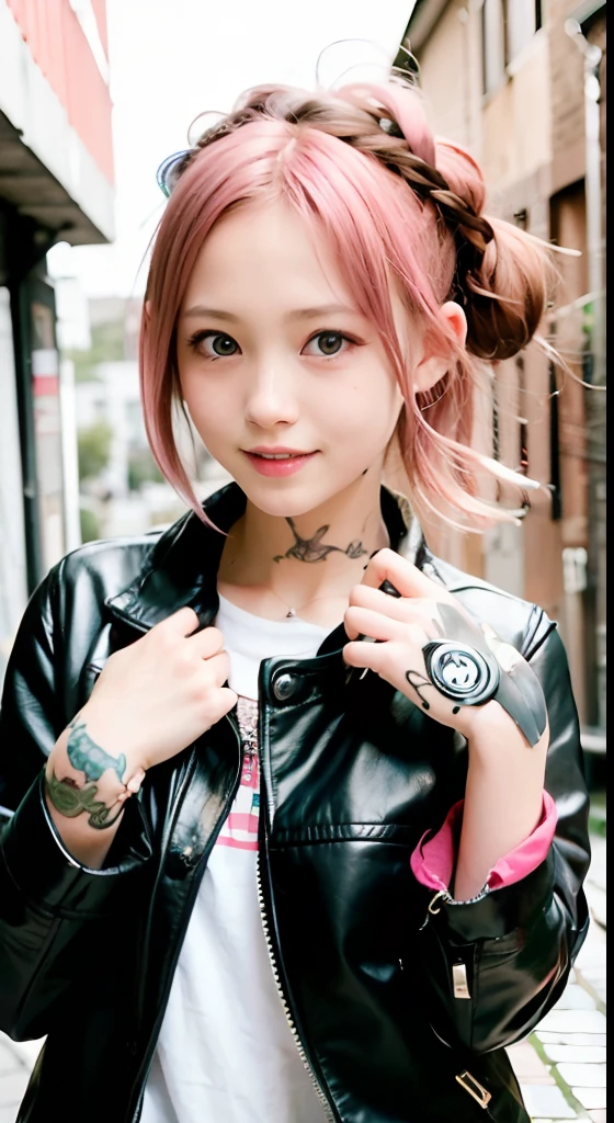 (masutepiece), cute little, (sixteen years old:1.4), Solo, 1 woman, (Charming punk girl), Blue eyes,faces、(A smile:1.5),Playing guitar, (Front face), (Leather jackets and tattoos), (Band T-shirt), (Ripped jeans), ((Urban alley background)), (up close shot), Beautiful hands, Two hands, normal hands, Two arms, complete hands, Beautiful body, Beautiful fingers, normal fingers, Five Fingers, Five Fingers, (Thumb index finger ring finger), Beautiful ears, normal ears, Beautiful eyes, shiny eyes, Beautiful mouth, Beautiful lips,Medium hair with pink hair, (Pink hair), Ear Hair, small tits, Single braid, (Single braid), (Side braid)