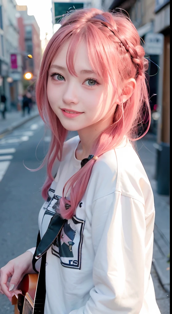 (masutepiece), cute little, (sixteen years old:1.4), Solo, 1 woman, (Charming punk girl), Blue eyes,faces、(A smile:1.5),Playing guitar, (Front face), (Leather jackets and tattoos), (Band T-shirt), (Ripped jeans), ((Urban alley background)), (up close shot), Beautiful hands, Two hands, normal hands, Two arms, complete hands, Beautiful body, Beautiful fingers, normal fingers, Five Fingers, Five Fingers, (Thumb index finger ring finger), Beautiful ears, normal ears, Beautiful eyes, shiny eyes, Beautiful mouth, Beautiful lips,Medium hair with pink hair, (Pink hair), Ear Hair, small tits, Single braid, (Single braid), (Side braid)