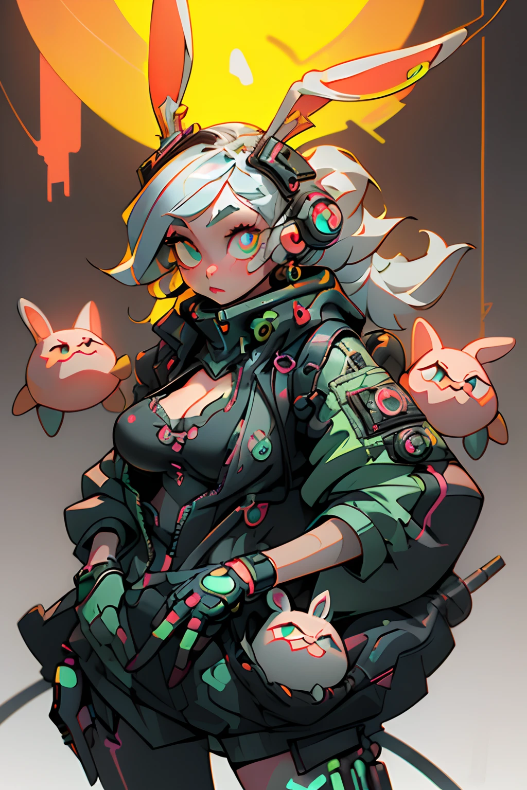 (the Extremely Detailed CG Unity 8K Wallpapers、masterpiece、top-quality、ultra-detailliert)、(The best lighting、Best Shadows、extremely delicate and beautiful)、floating、dynamic ungle、(1girl in)、(cyber punk style、Neon light)、big eye、kawaii eyes、(reddish:1.3 +Viola+verdant:1.2 +Green grass:0.9)The hair、Detailed hair depiction、(Cyberpunk attire:1.3、Colossal tits)、cleavage of the breast、Metallic Silver Accessories、radiant eyes、(Rabbit ears)、hight resolution、3D Art、Unreal Engine 5 Style