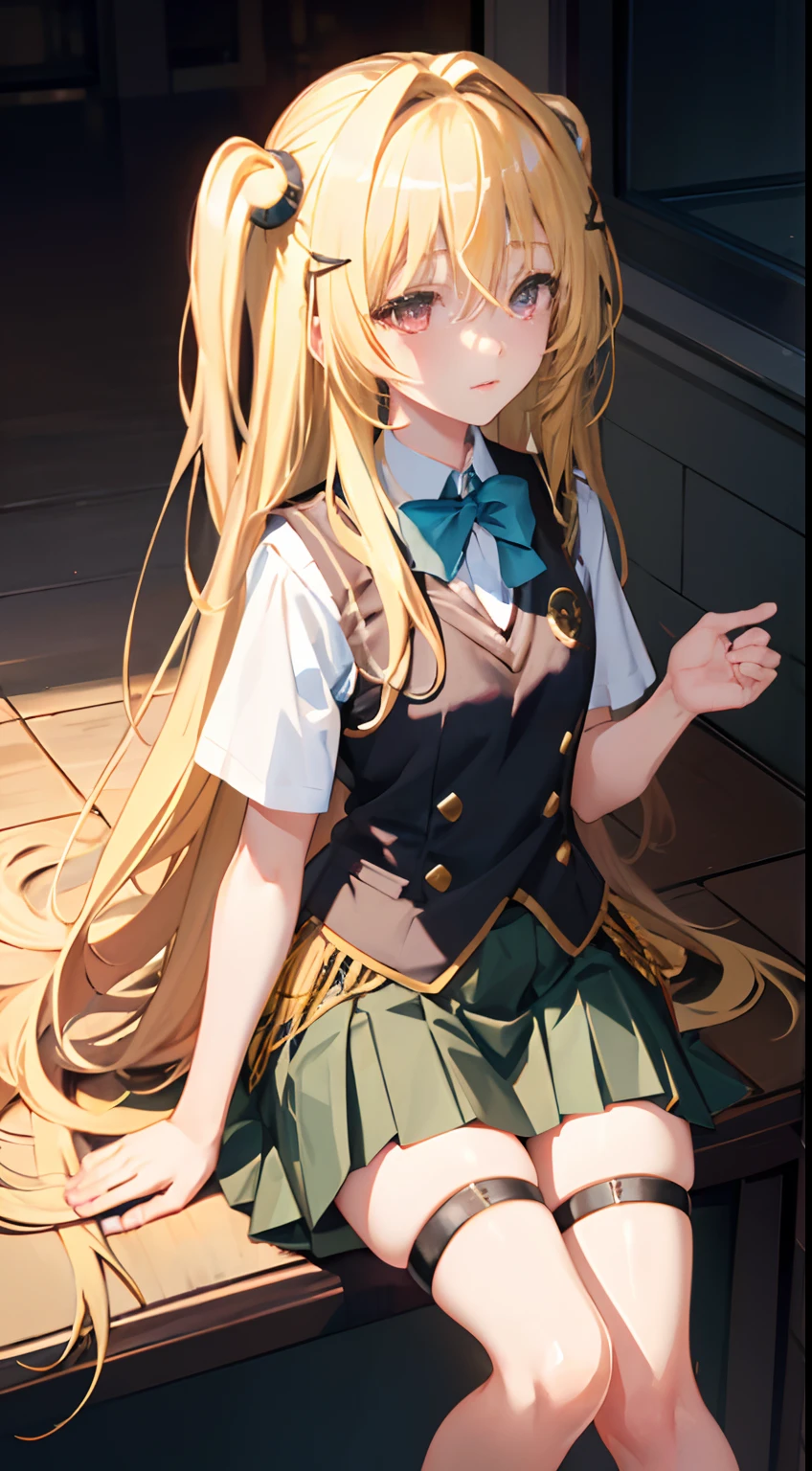 (masterpiece:1.6, best quality), (finely detailed beautiful eyes: 1.2), phyami, yamisch, 1girl, long hair, solo, school uniform, hair ornament, hair between eyes, two side up, blonde hair, very long hair, skirt, red eyes, thigh strap, sweater vest, plaid skirt, plaid, socks, two side up, hair ornament, pleated skirt, kneehighs
,
