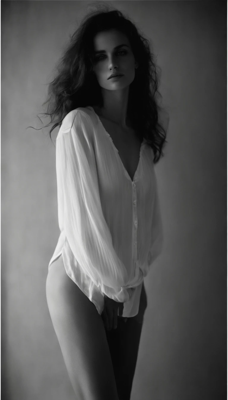 fille 19 ans,light and shadow,messy hair,cheveux clairs, Chemise de nuit en soie, petits seins,tenir son propre bras,Haut du corps,demi-visage dans le noir,Black and white theme,photos de photographie professionnelle,fort contraste chioscuro,Couverture de magazine de mode,Melancholic tone,inexpressif,contempt,Chambre sombre,contre le mur,Shaded_visage,intrigue,pose dynamique,Angle dynamique,
