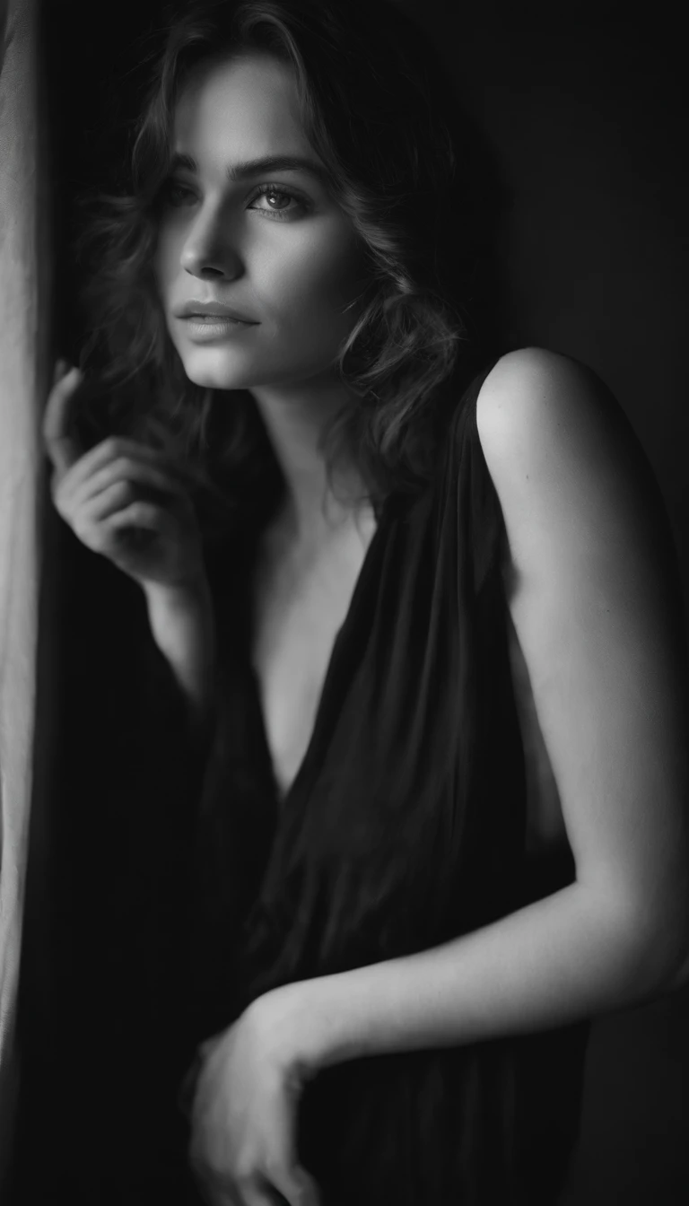 fille 19 ans,light and shadow,messy hair,cheveux clairs, Chemise de nuit en soie, petits seins,tenir son propre bras,Haut du corps,demi-visage dans le noir,Black and white theme,photos de photographie professionnelle,fort contraste chioscuro,Couverture de magazine de mode,Melancholic tone,inexpressif,contempt,Chambre sombre,contre le mur,Shaded_visage,intrigue,pose dynamique,Angle dynamique,