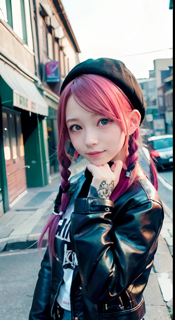 (masutepiece), cute little, (sixteen years old:1.4), Solo, 1 woman, (Charming punk girl), Blue eyes,faces、(A smile:1.5),Playing guitar, (Front face), (Leather jackets and tattoos), (Band T-shirt), (Ripped jeans), ((Alley background of city at night)), (up close shot), Beautiful hands, Two hands, normal hands, Two arms, complete hands, Beautiful body, Beautiful fingers, normal fingers, Five Fingers, Five Fingers, (Thumb index finger ring finger), Beautiful ears, normal ears, Beautiful eyes, shiny eyes, Beautiful mouth, Beautiful lips,Medium hair with pink hair, (Pink hair), Ear Hair, small tits, Single braid, (Single braid), (Side braid)