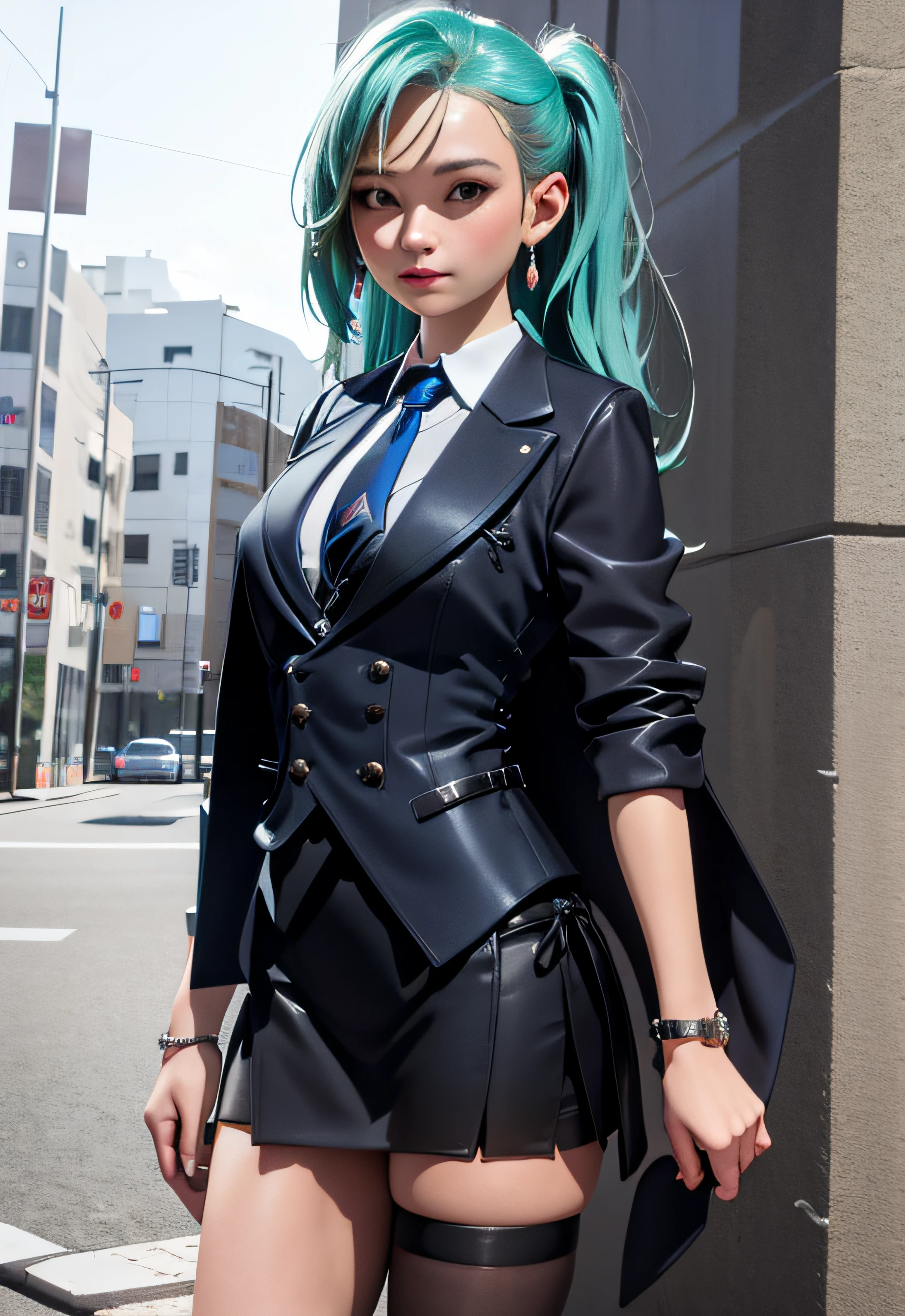 kda_seraphine, smirk, portrait,  skirt suit, (((three-piece suit))), (((necktie))), blazer, (((suit jacket))), (((waistcoat))), double-breasted waistcoat, bodycon miniskirt, pencil skirt,