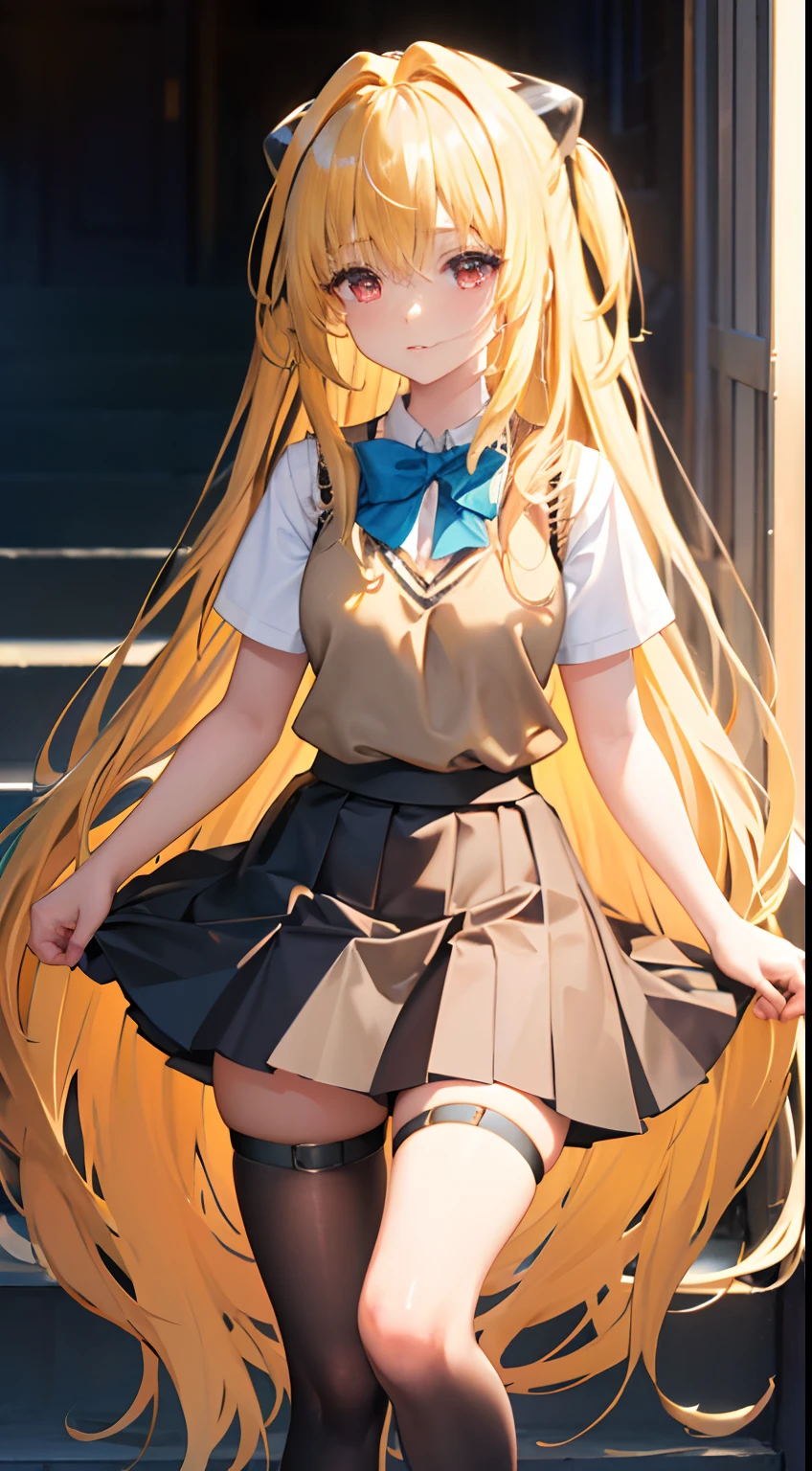 (masterpiece:1.6, best quality), (finely detailed beautiful eyes: 1.2), phyami, yamisch, 1girl, long hair, solo, school uniform, hair ornament, hair between eyes, two side up, blonde hair, very long hair, skirt, red eyes, thigh strap, sweater vest, plaid skirt, plaid, socks, two side up, hair ornament, pleated skirt, kneehighs
,