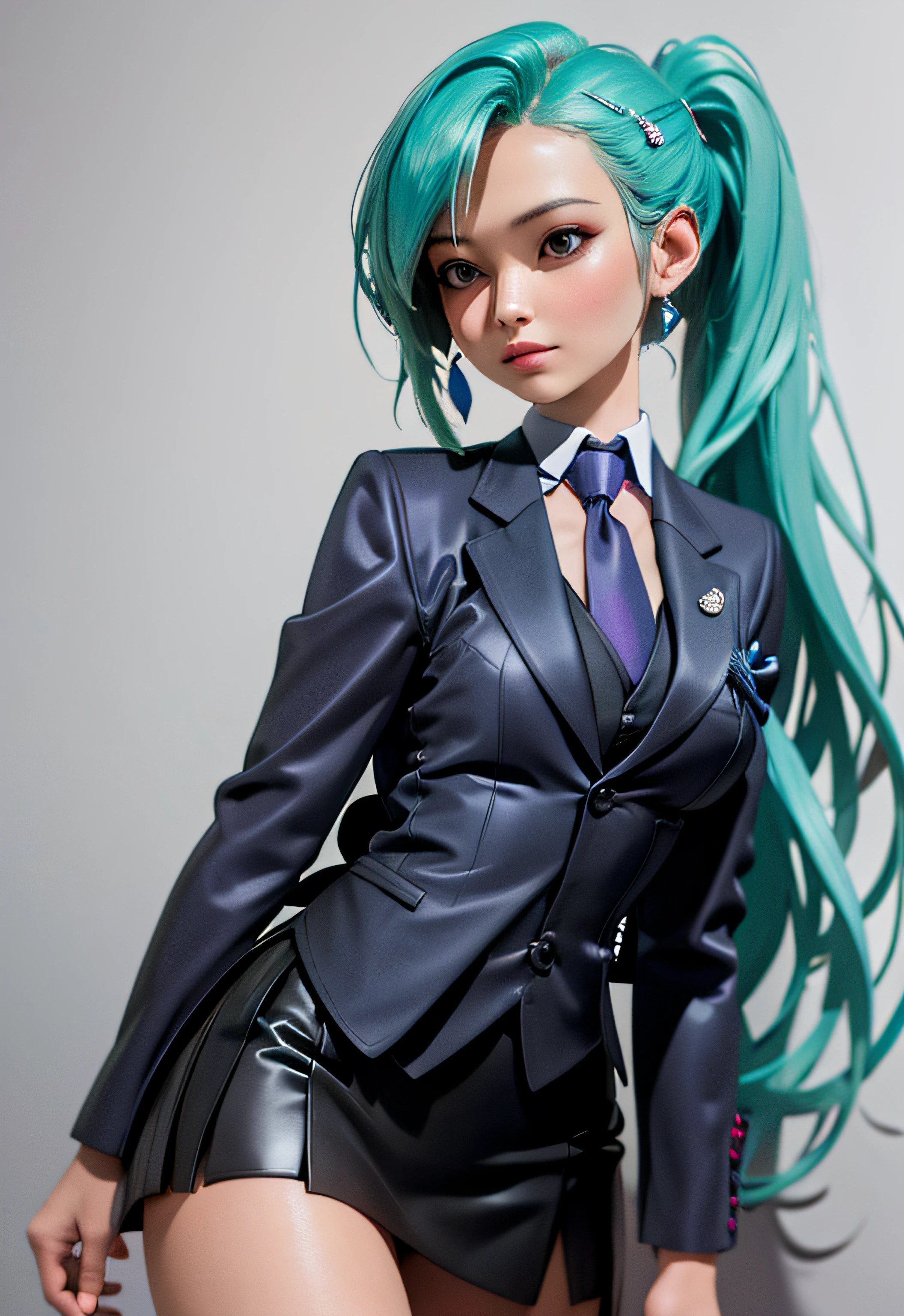 kda_seraphine, smirk, portrait,  skirt suit, (((three-piece suit))), (((necktie))), blazer, (((suit jacket))), (((waistcoat))), double-breasted waistcoat, bodycon miniskirt, pencil skirt,