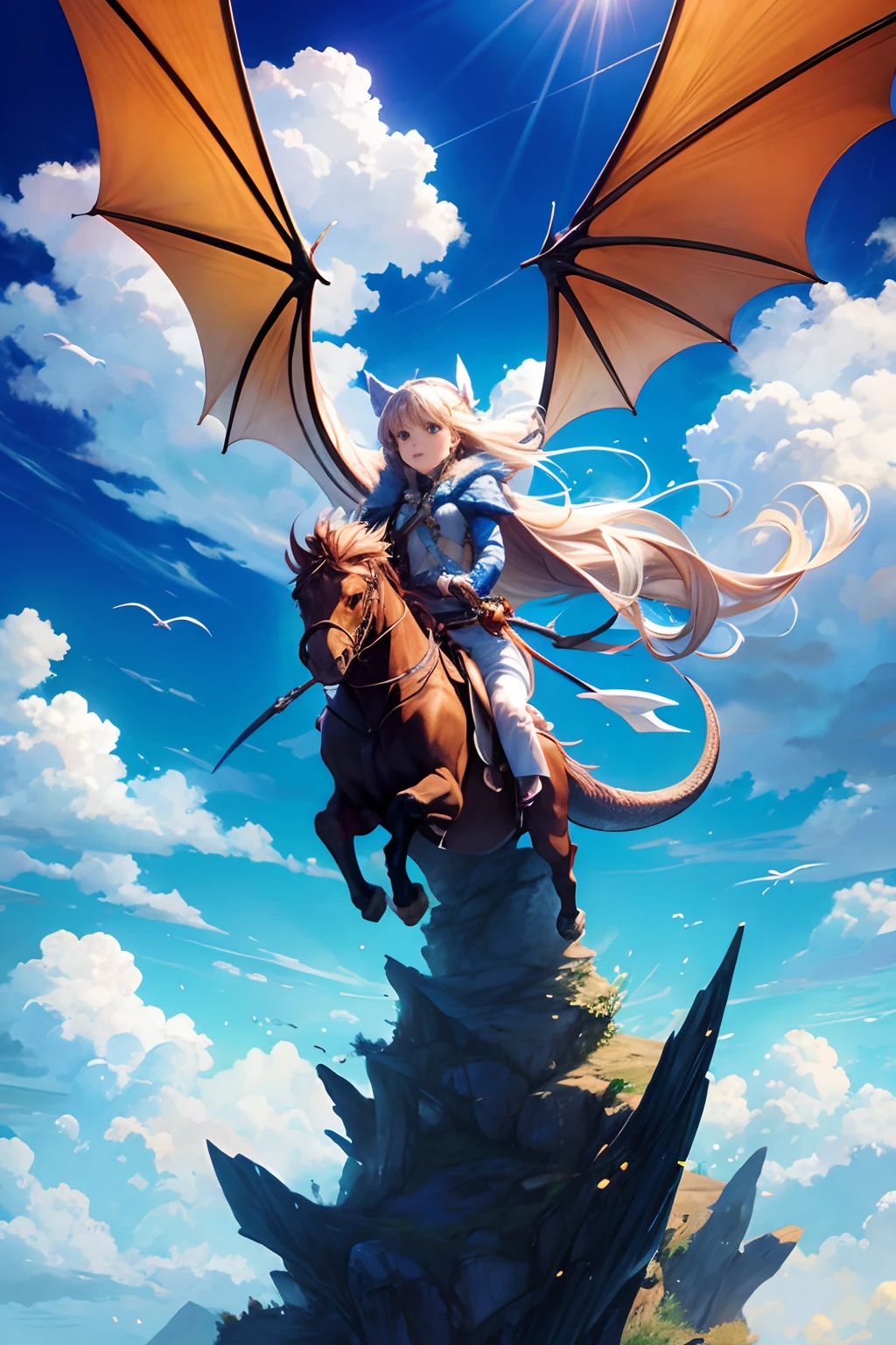 A maiden rides on a dragon, Flying, Clouds, blue-sky, Glare.