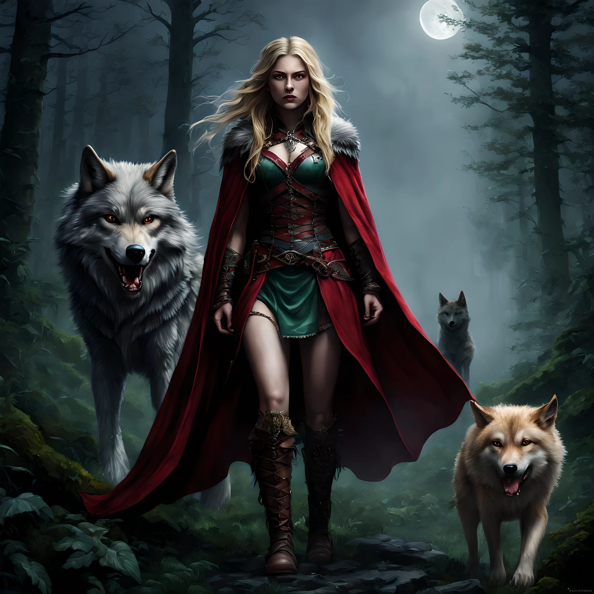 fantasy art, RPG art, Dark fantasy art, ultra wide shot, RAW, photorealistic, a picture of female human ranger and her wolf pet, the ranger, an exquisite beautiful human woman, long blond hair, braided hair, green eyes, wearing leather armor, wearing (red cloak: 1.1), armed with a (sword: 1.3), wearing laced boots, standing in a dark forest at night, (mist rising from the grounds: 1.3), a sense of dread and fear, yet she stands defiant and fearless, her wolf pet stands near her, protecting her, dark fantasy forest background, best quality, 16k, [ultra detailed], masterpiece, best quality, (ultra detailed), full body, ultra wide shot, photorealism