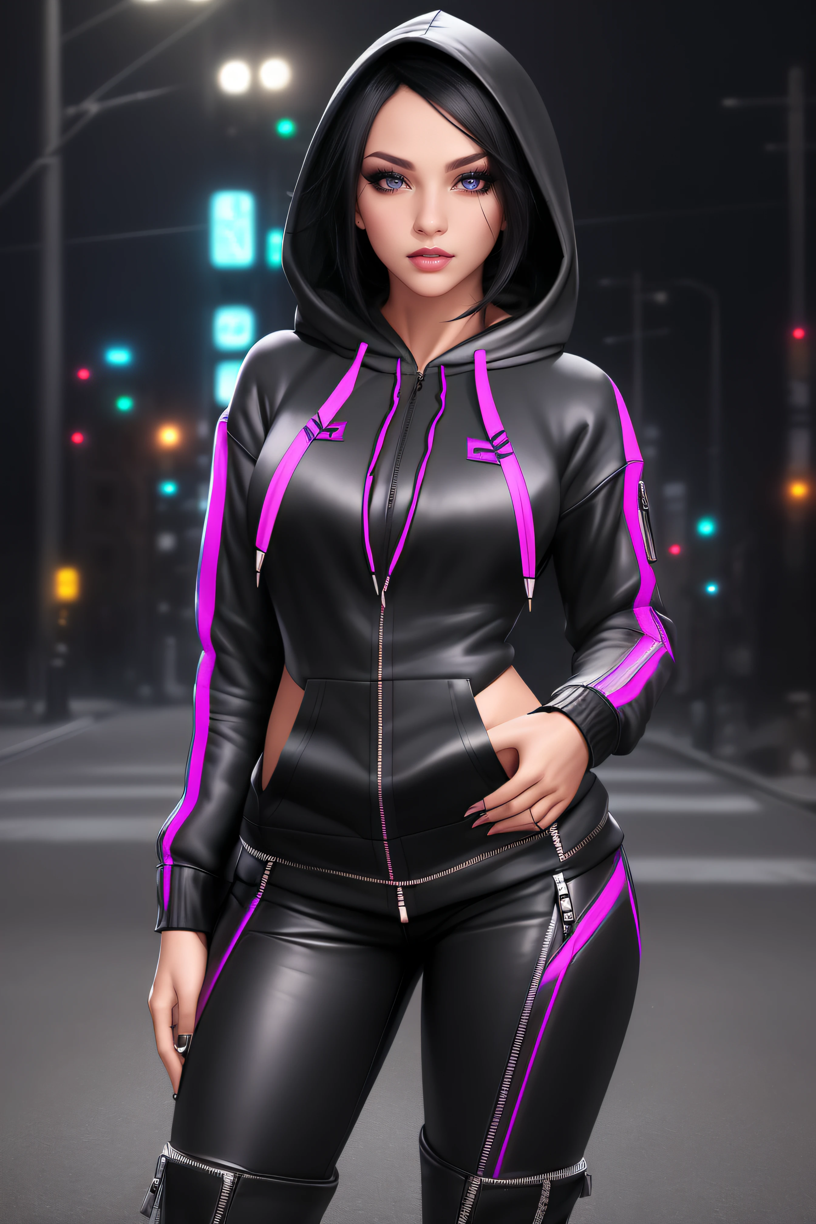 beautiful girl, ((standing:1.4)), (confident gaze:1.1), full body, short bright neon streaked black hair, ((realistic highly detailed eyes:1.4)), ((seductive pose:1.2)), black eyeshadow, (street style wear:1.2), ((hoodie open zip:1.4)), ((cleavage:1.4)),((tight fitted pants)), ((knee high leather boots)), (dark city night black background:1.4), dark makeup, digital art, trending on artstation, highly detailed, fine detail, intricate, detailed facial features, sharp focus, smooth, aesthetic,