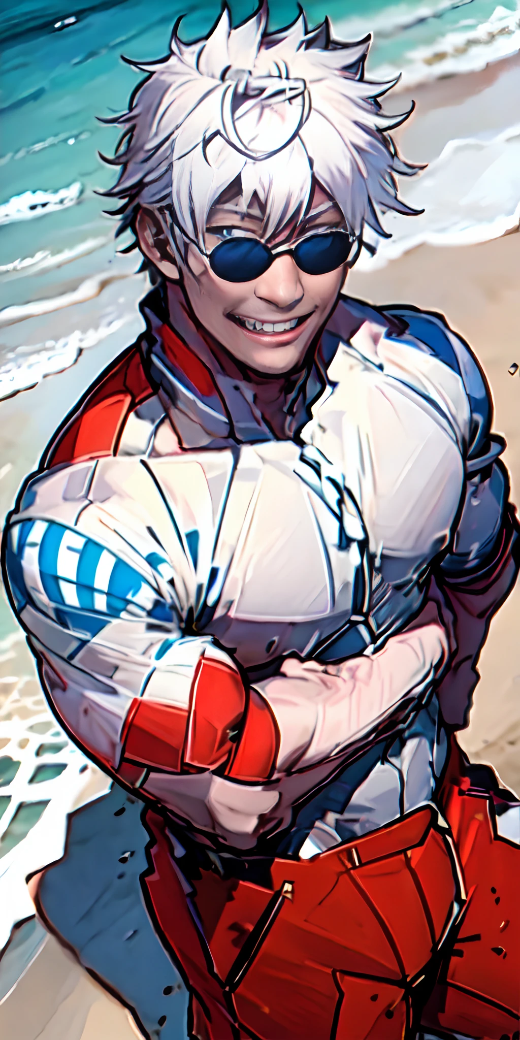 Masterpiece, top quality, gay, yaoi, male, monster boy, slime boy, smile, blue slime, transparent light blue slime body, body made of slime covered in slime, thick eyebrows, aquamarine eyes, Transparent light blue skin, jelly-like light blue skin that melts gently, inhuman appearance, human slime, muscle blood vessels, male only, adult male, handsome, gay, yaoi, super muscular bastard, swollen chest, Overmuscles, giant trapezes, giant pectorals, hyperpex, giant biceps, giant lats, back muscles, giant glutes, giant overdeveloped muscles, monster muscles, beefcake , 30 year old mature man, short trimmed light blue melting jelly head, melting slime texture, mucus splashes, big splashes, suspenders, latex swimming briefs composed of white and yellow and red colors, men's G-string tanga , (outline of lid, bulge of underwear), suspenders, chest belt, life jacket, lifeguard, beach inspector, latex sleeveless rash guard in white and yellow and red colors, life jacket, small white whistle around neck. It is hung Swim goggles are worn around the neck. A floating ring, looking Squat, raise your arms and put your hands on your head, show your buttocks, low angle, swimming leisurely,