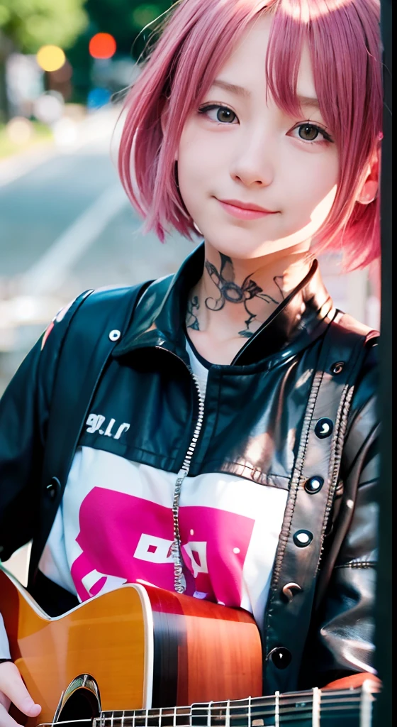 (masutepiece), cute little, (:1.4), Solo, 1 woman, (Charming punk girl), Blue eyes,faces、(A smile:1.5),Playing guitar, (Front face),  (Leather jackets and tattoos), (Band T-shirt), (Ripped jeans), ((Urban alley background)), (up close shot), Beautiful hands, Two hands, normal hands, Two arms, complete hands, Beautiful body, Beautiful fingers, normal fingers, Five Fingers, Five Fingers, (Thumb index finger ring finger), Beautiful ears, normal ears, Beautiful eyes, shiny eyes, Beautiful mouth, Beautiful lips,Medium hair with pink hair, (Pink hair), Ear Hair, small tits, Single braid, (Single braid), (Side braid)