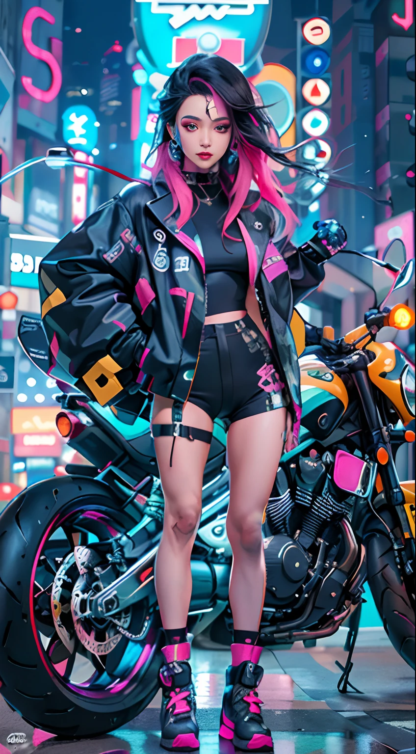 Menina de Araffe com cabelo azul e cabelo rosa em uma jaqueta de couro preta, menina de anime cyberpunk feminino, garota anime cyberpunk, no estilo cyberpunk, roupa cyberpunk, em cyberpunk city, Garota cyberpunk, cyberpunk menina bonita, usando jaqueta de couro cyberpunk, vibe cyberpunk, cyberpunk zangada deusa linda, arte cyberpunk anime, estilo cyberpunk, menina cyberpunk sonhadora, Cyberpunk 2 0 e. o modelo menina