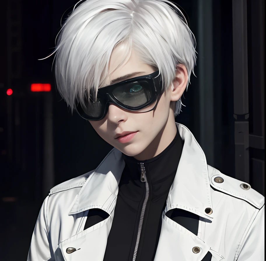 (masterpiece), best quality, expressive eyes, perfect face, 1girl, short hair, white hair, white cropped jacket, mechanical jacket, green eyes, midriff, goggles, lazy, half lidded eyes, cybernetics, jeans, nerd
