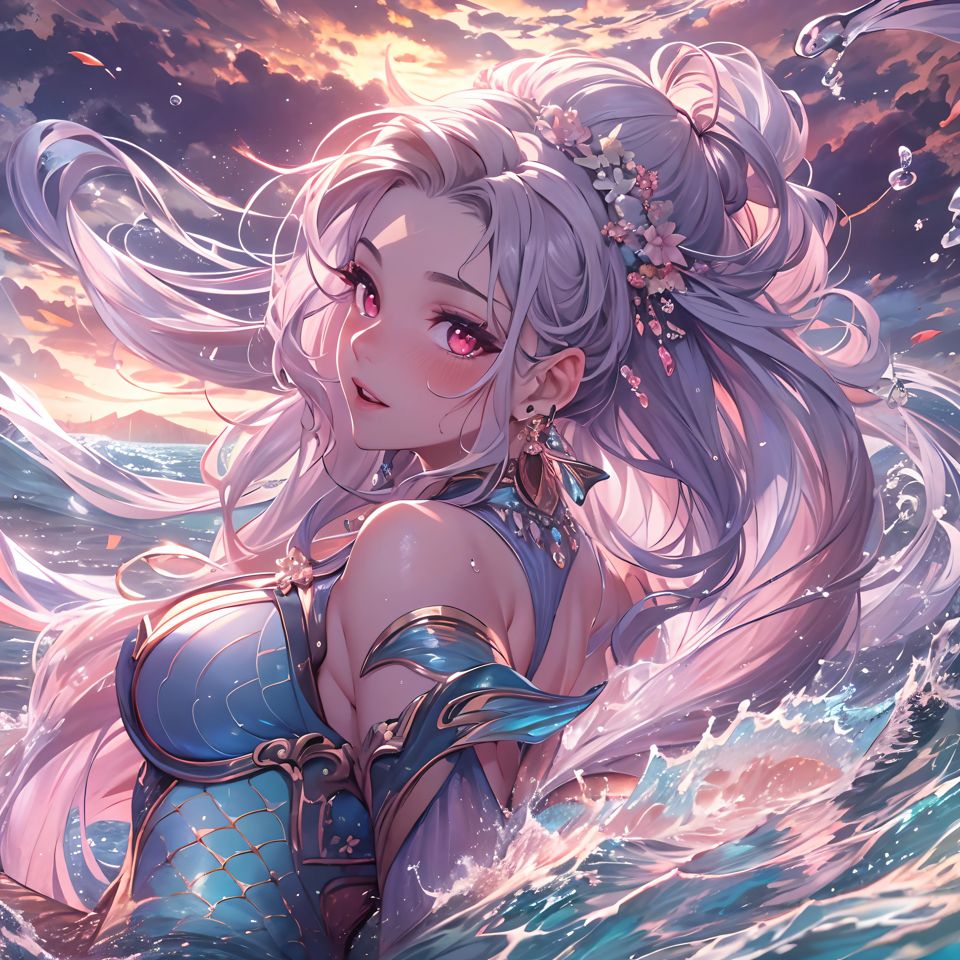 (Masterpiece, Highest quality)), Detailed face, ， full bodyesbian, Full of details, Multiple poses and expressions, Highly detailed, Depth, Many parts，Beautiful mermaid girl，Human fishtail，estilo fantasia，Extremely beautiful，High Balance, Natural light, Water ripples around, white hair, fish features, red eyes, gills, scales, sea shell hair ornament, red jewellery, deep blush, giggling, , sweating, heart in eyes, ((purple tinted skin)), blush, highlights, glossy lips,, 4k, high quality, (((long hair))),  looking sunset, candid, cowboy shot, sea, water, waves, corals, dark, stormy, water goddess, water droplets around, bust only