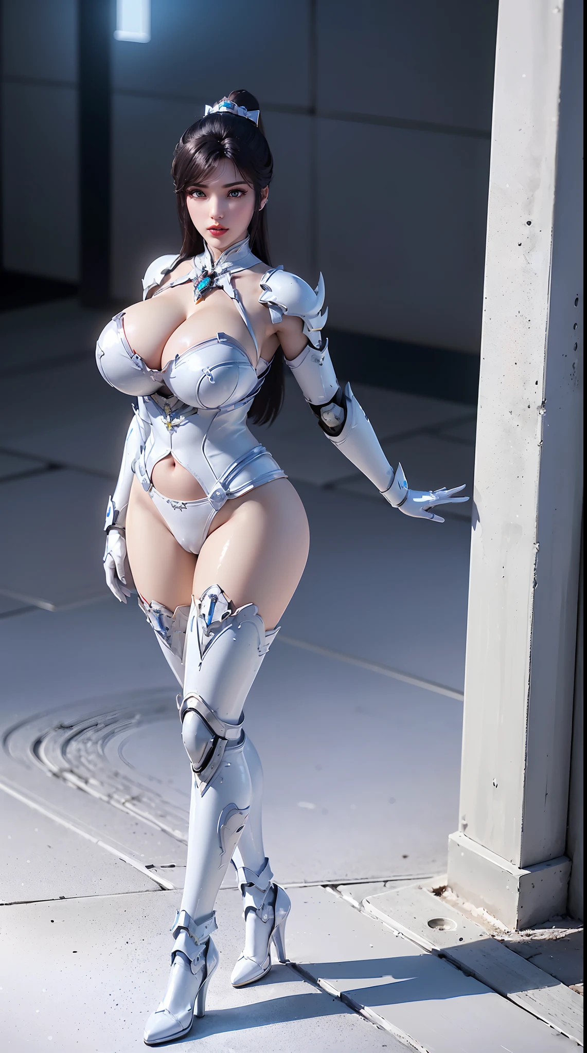 (1GIRL,SOLO:2), (super detailed face), (CRYSTAL ORNAMENT HEAD:1.2), ((BIG BUTTOCKS, HUGE FAKE BREASTS:1.5)), (CLEAVAGE TOP:1.5), (11 LINE ABS FEMALE:1.4), (MECHA GUARD ARM:1.4), ((WEAR WHITE BLUE SHINY OVERWATCH GENJI ARMOR GEAR, TIGHT BLACK UNDERWEAR, MECHA GUARD ARMOR LEGS, HIGH HEELS:1.5)), (LEWD VOLUPTUOUS BODY:1.3), (GLOWING SKIN:0.8), (LONG LEGS, FULL BODY:1.1), (PORTRAIT,LOOKING AT VIEWER:1.3), (female focus:0.886), (WALKING DOWN HALLWAY OF FUTURISTIC SPACE STATION:1), (BRIGHT LIGHT WHITEROOM:1.3), SUPER TEXTURE, UNREAL ENGINE RENDER, PHYSICALLY-BASED RENDERING, ULTRA HIGHT DEFINITION, 16K, 1080P.