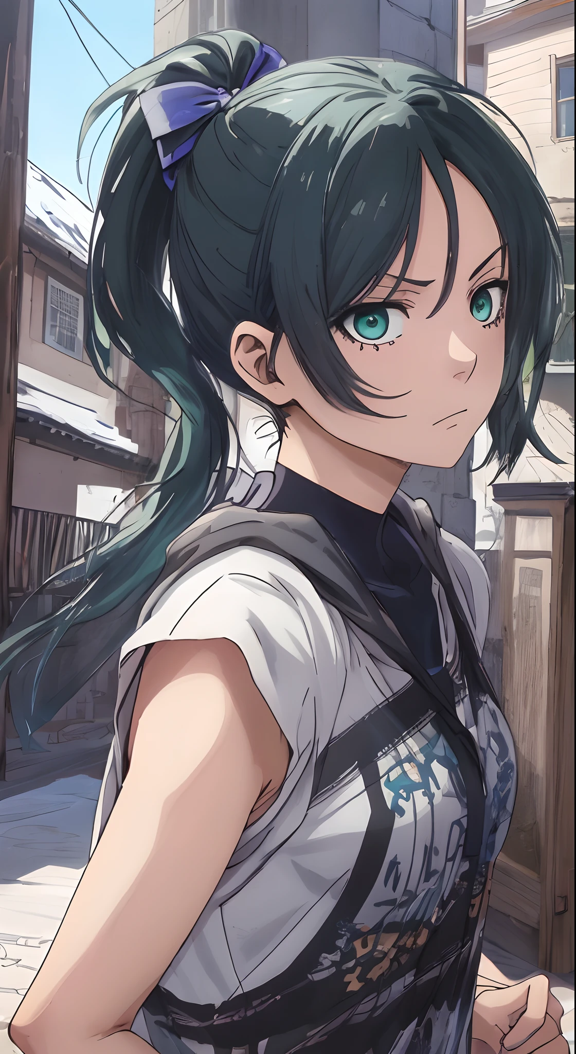 (masutepiece, Best Quality, Ultra-detailed, Illustration), Beautiful face, dark green hair, teal green eyes, long ponytail in carly, Perfect body, 1girl in, Solo, Hoodies in camisoles, shairband, Hair Ribbon, Dress, lanyard, vila, Old houses, Outdoors, folk, legends, Rin Itoshi, Blue lock, angry face, sharp face, bare backs, frozen town, frozen tower