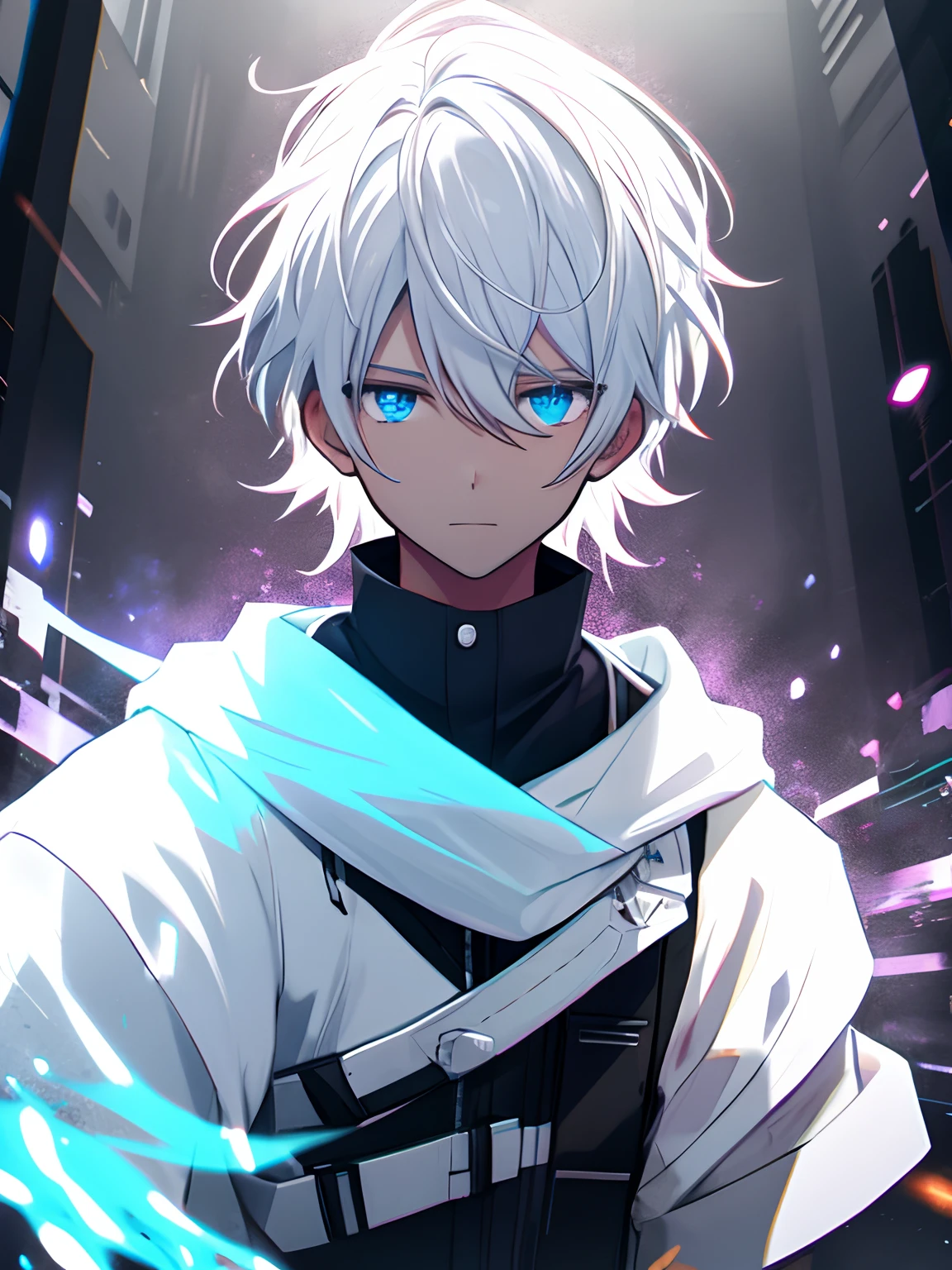 A boy with long white hair determines, glow effect, hyperdetailed