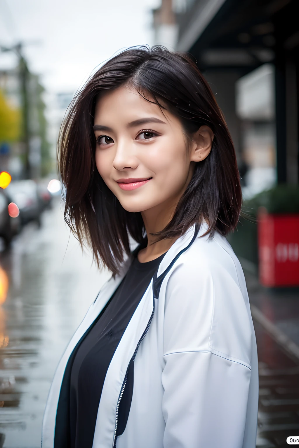 ((Best Quality, 8K, Masterpiece:1.3)), Focus: 1.2, Perfect Body Beauty: 1.4, Buttocks: 1.2, ((Layered Haircut, Breasts: 1.2)), (Wet Clothes: 1.1), (Rain, Street:1.3), Bandeau Dress: 1.1, Highly Detailed Face and Skin Texture, Fine Eyes, Double Eyelids, Whitening Skin, Long Hair, (Shut Up: 1.3), Smile