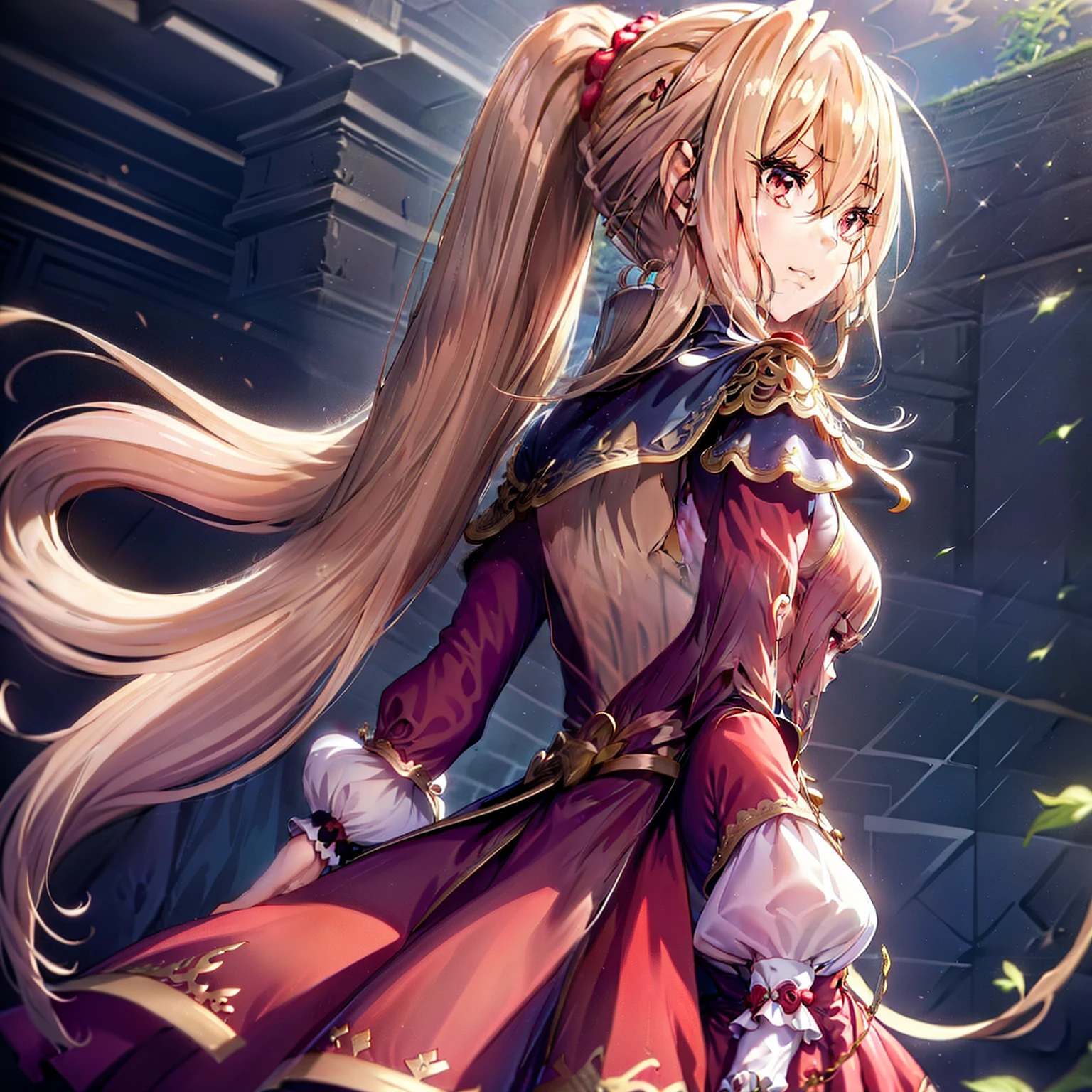 (masutepiece, Best Quality:1.2), Extremely detailed, detailed hairs, Soft skin,

1girl in, Solo, Standing, Upper body, from behind,

Blonde hair, Long hair, High Ponytail, Long ponytail,

Red Eyes, long eyelashes, thick eyelashes, Looking at Viewer,

Red dress, backless dress, ornate dress, Puffy skirt, Long skirt, Puffy sleeves, juliet sleeves, Long sleeves,

,

Black background,