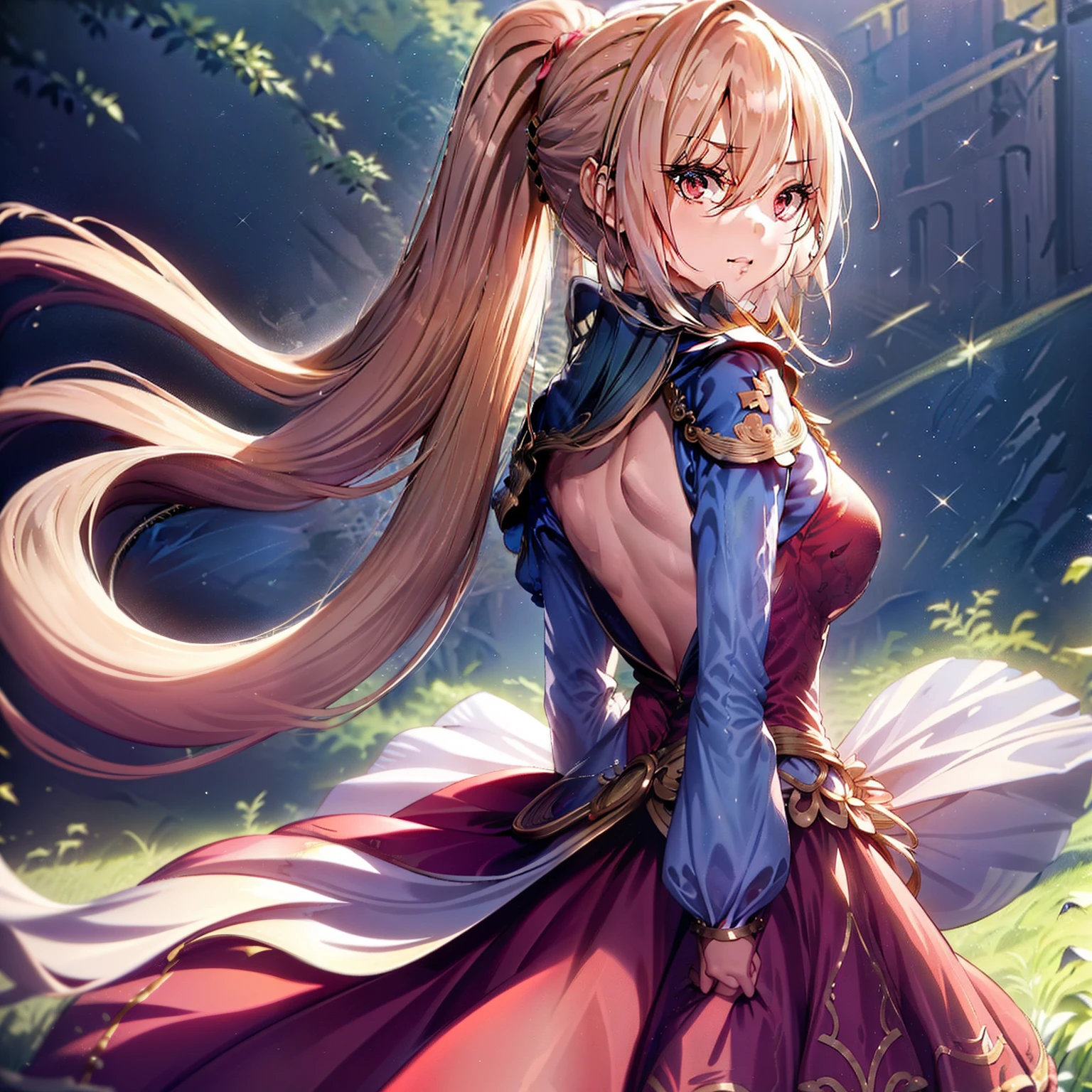 (masutepiece, Best Quality:1.2), Extremely detailed, detailed hairs, Soft skin,

1girl in, Solo, Standing, Upper body, from behind,

Blonde hair, Long hair, High Ponytail, Long ponytail,

Red Eyes, long eyelashes, thick eyelashes, Looking at Viewer,

Red dress, backless dress, ornate dress, Puffy skirt, Long skirt, Puffy sleeves, juliet sleeves, Long sleeves,

,

Black background,