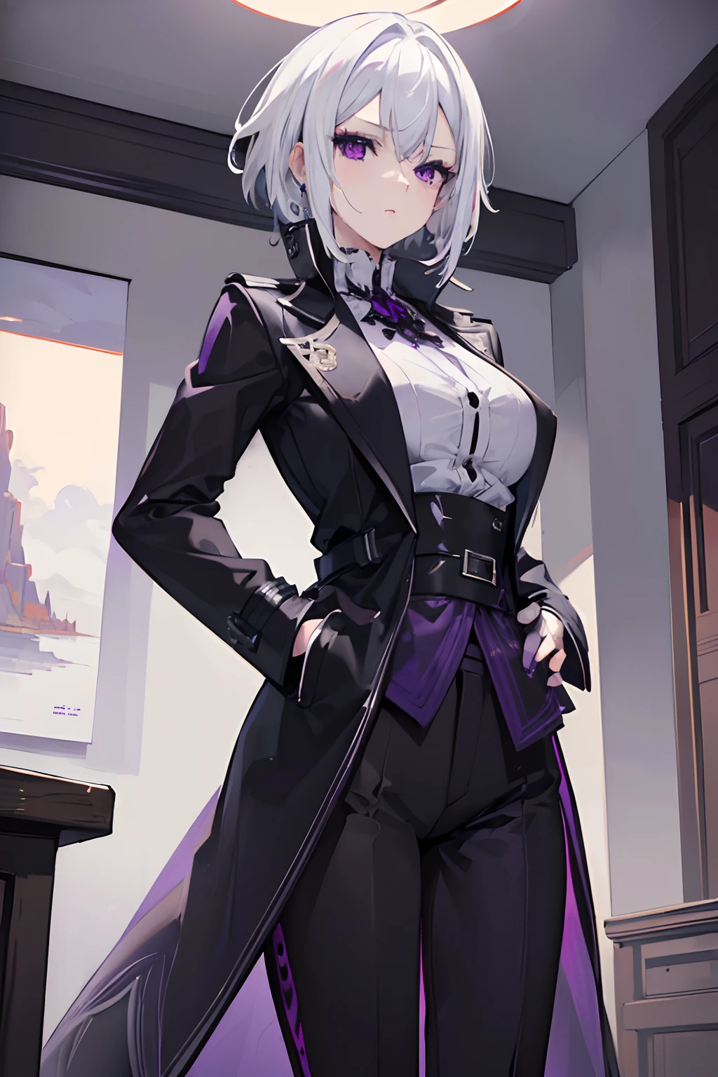 (masterpiece, best quality:1.2), illustration, 8k, hd, 1girl, solo, (((white hair, purple eyes, black coat))), large breasts, black pants, short hair, indoors, arle suit, serious expression