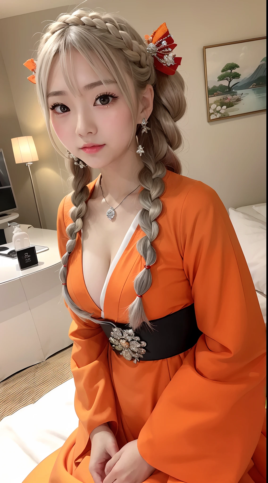 Japan girl is very cute。Orange eyes、Wearing flashy national costumes、Silver-haired braid、Wearing a lot of fancy ornaments、Royal Girl、