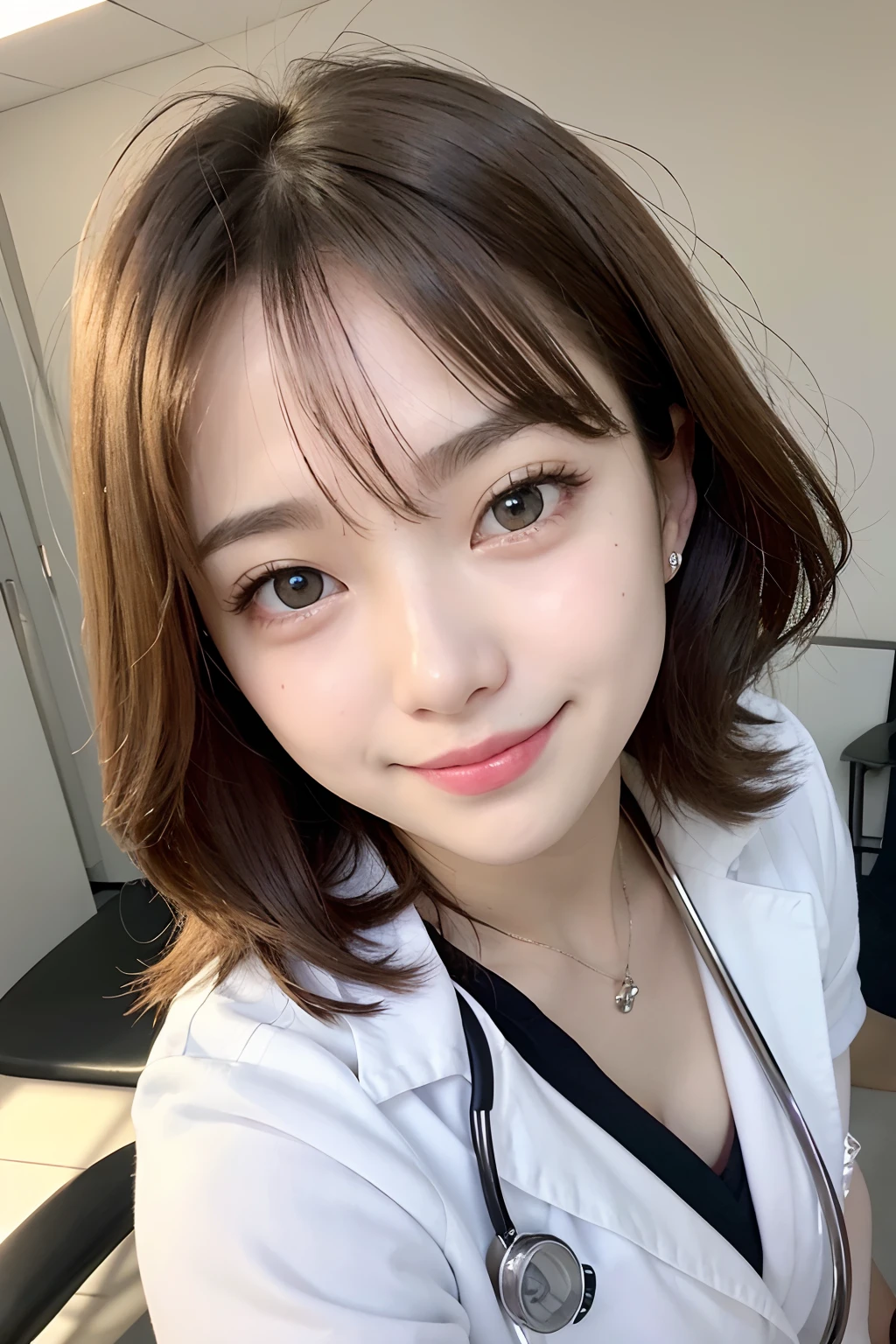 nurse、Lying in bed、白いnurse服、白いnurseキャップ、White Skirt、White panties、garter belt、Japanese、Cute eyes、fine eyelashes、Cute Smile