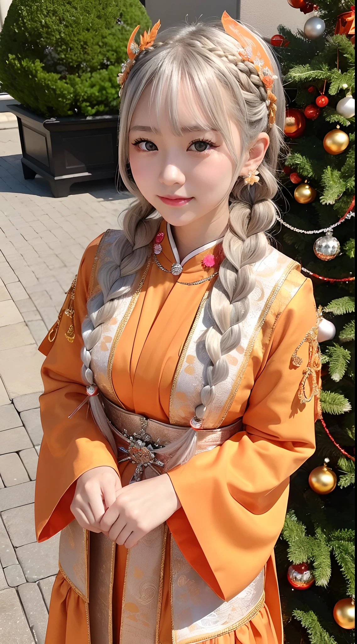 Japan girl is very cute。Orange eyes、Wearing flashy national costumes、Silver-haired braid、Wearing a lot of fancy ornaments、Royal Girl、