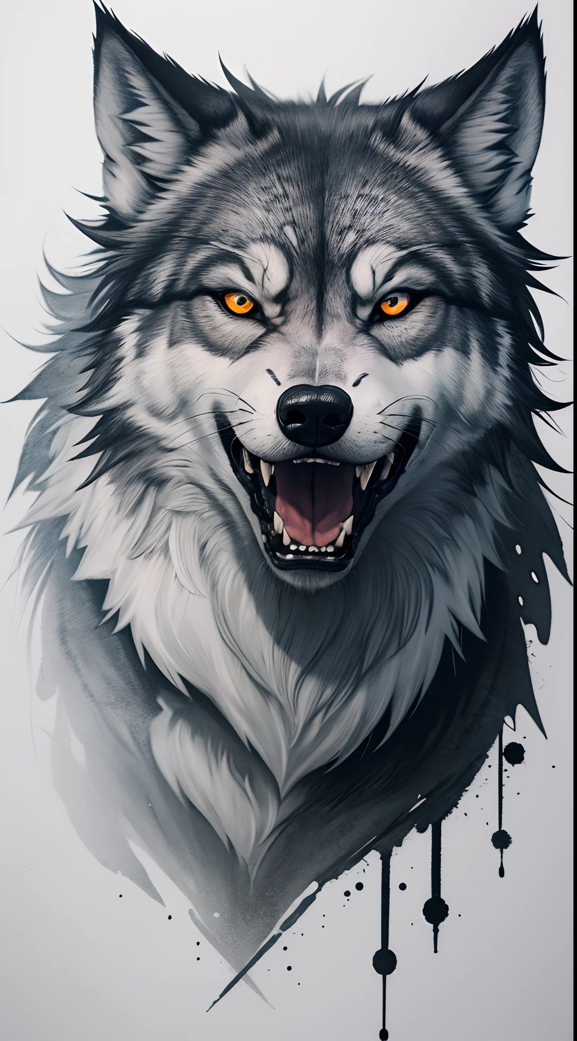 Gray realistic wolf tattoo art (((odd-eyes))) With ink splatter sketch effect ,He opened his mouth and said,,,,、Looks very fiercely angry,T-shirt logo