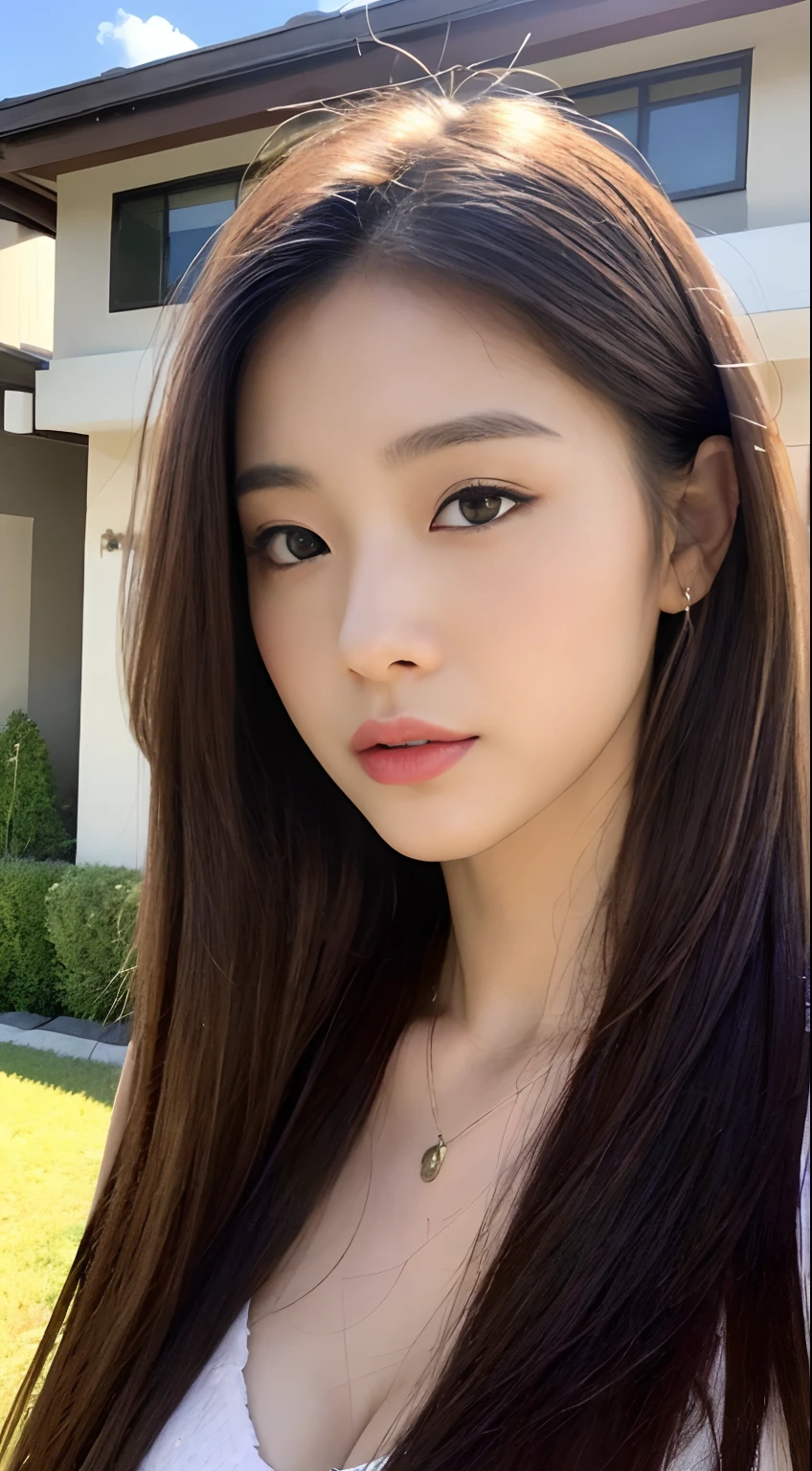 ((best qualtiy, 8K, tmasterpiece:1.3)),Focus:1.2, female high-school student,Drive a motorcycle,Perfect S-Shaped Body,(A look of determination)(adolable),delicated face,Long hair waist-length,long hair flowing,Tilt your head,ssmile,Hair details,Delicate Full Body Portrayal,Delicate depiction of the face,Best picture quality,A high resolution,细致背景,Delicate portrayal,exquisitedetails,Rich in detail,Facial strengthening,(Brown bohemian dress),with blue sky and white clouds,Sitting Among the Flowers,wooden cabin,There are no bags under the eyes
