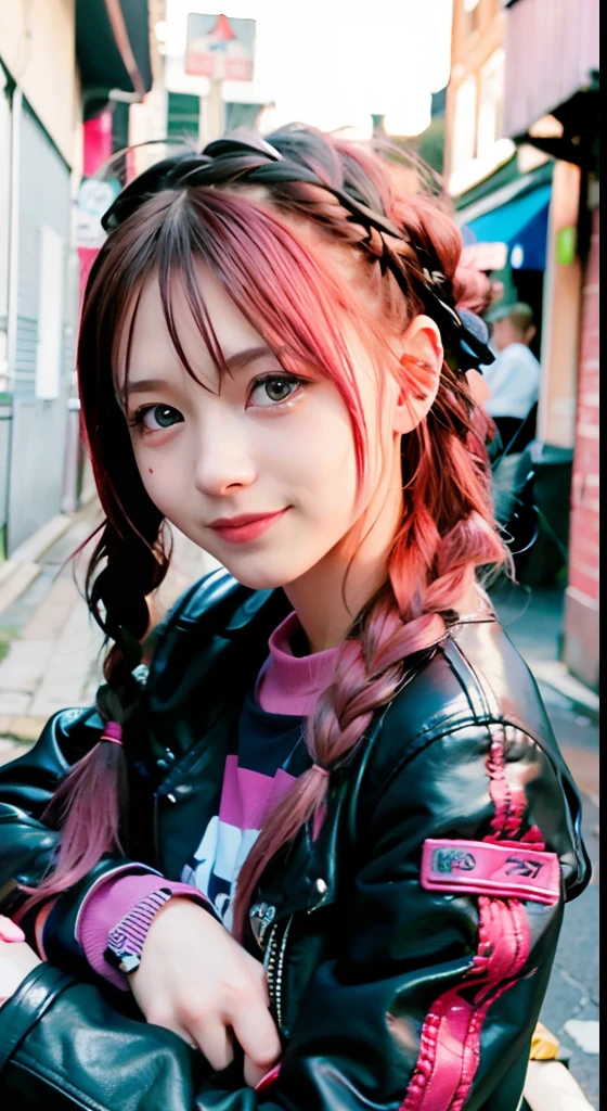 (masutepiece), cute little, (sixteen years old:1.4), Solo, 1 woman, (Charming punk girl), Blue eyes,faces、(A smile:1.5),Playing guitar, (Front face), (Leather jackets and tattoos), (Band T-shirt), (Ripped jeans), ((Urban alley background)), (up close shot), Beautiful hands, Two hands, normal hands, Two arms, complete hands, Beautiful body, Beautiful fingers, normal fingers, Five Fingers, Five Fingers, (Thumb index finger ring finger), Beautiful ears, normal ears, Beautiful eyes, shiny eyes, Beautiful mouth, Beautiful lips,Medium hair with pink hair, (Pink hair), Ear Hair, small tits, Single braid, (Single braid), (Side braid)