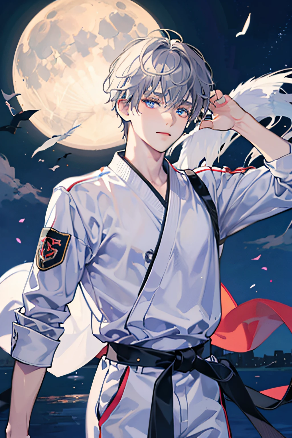 1boy, white short hair, wearing a karate suit, black belt, blue eyes, night, outside, moon, HD, high res, looking at viewer, high quality