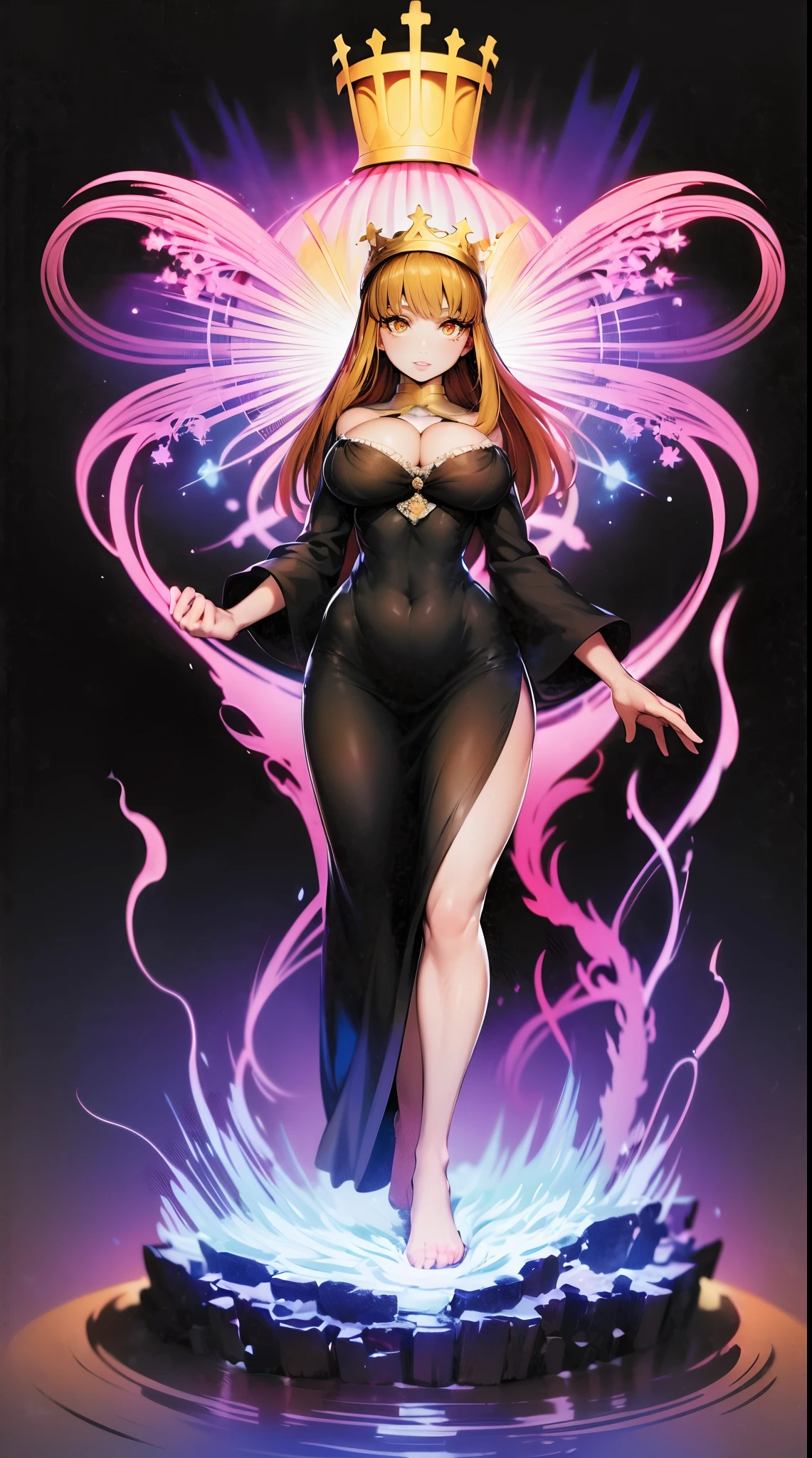 makima,huge breast, , female,fantasy goddess,there is a cartoon picture of a woman with a very large breast, glowing angelic being, glowing holy aura, inspired by Luma Rouge, the non-binary deity of spring, ethereal rainbow nimbus, the butterfly goddess of fire, inspired by Marie Angel, glowing aura around her, astral fairy, as the goddess of the sun, “uwu the prismatic person, big breast, happy, beautiful eyes, , full body, walking, long robe, long dre, catgirlss, nun, priestess ,holy, smile, long dress, brown hair, female,red eyes, black robe with stars symbolism, full body, flipflops,(best quality,4k,8k,highres,masterpiece:1.2),ultra-detailed,(:1.37),black robe with blue stars simbolism, girl with queen crown,beautiful detailed eyes,beautiful detailed lips,extremely detailed eyes and face,longeyelashes,golden crown adorned with diamonds,glowing blue stars on the robe,glittering pearls entwined in hair,royal purple backdrop,sparkling tiara,rich textures and fabrics,regal posture,confident expression,majestic aura,ethereal lighting,hauntingly beautiful atmosphere,elegant and magical,enchanted garden in the background,floating golden particles,subtle reflections on the crown,sublime tranquility,depth and mystery,sophisticated and regal,impeccable attention to detail,captivating and enchanting,ethereal and divine,fantasy-inspired artwork,dreamlike and surreal,celestial beauty and elegance,dark and mysterious,royal and majestic vibes,meticulous craftsmanship,vivid colors,whimsical and otherworldly.