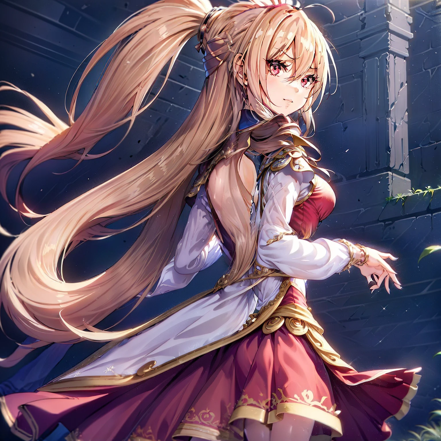 (masutepiece, Best Quality:1.2), Extremely detailed, detailed hairs, Soft skin,

1girl in, Solo, Standing, Upper body, from behind,

Blonde hair, Long hair, High Ponytail, Long ponytail,

Red Eyes, long eyelashes, thick eyelashes, Looking at Viewer,

Red dress, backless dress, ornate dress, Puffy skirt, Long skirt, Puffy sleeves, juliet sleeves, Long sleeves,

,

Black background,