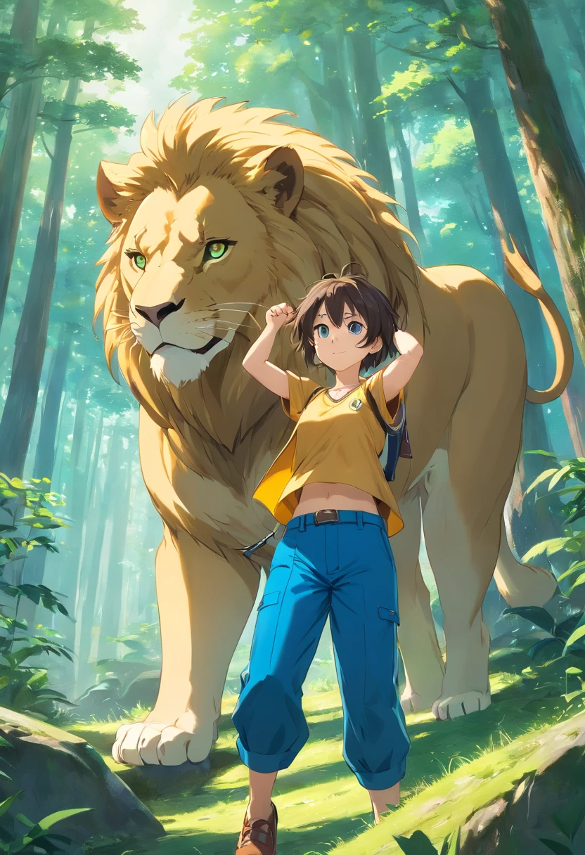 ((foto crua)), ((obra-prima)), humanoid lion , peludo, detalhe intrincado, 12k, forest behind, muscular arms, Rabo, small head, giant trapezoid, Ogro monstruoso, Titan, soft-lighting, cabelos loiros, olhos amarelos, wearing green pants, camisa azul, Casaco azul, bracelete dourado, estilo anime
