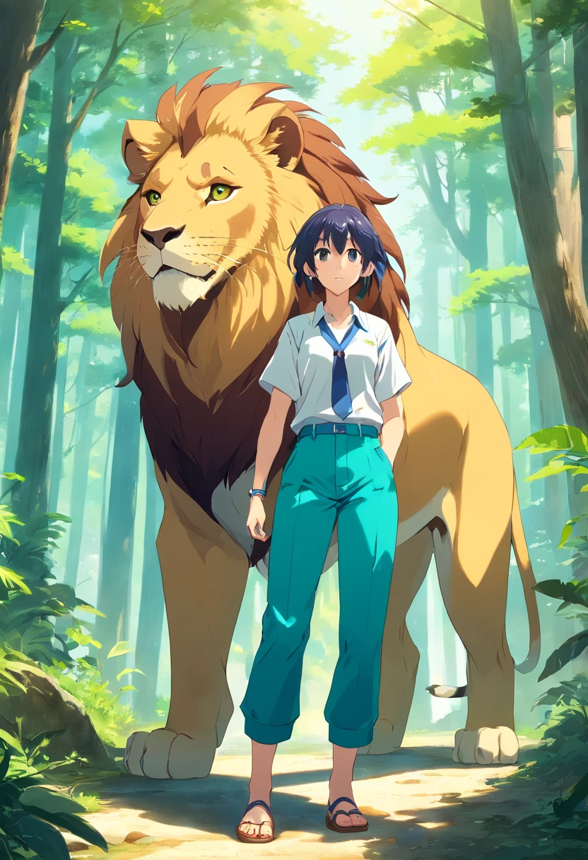 ((foto crua)), ((obra-prima)), humanoid lion , peludo, detalhe intrincado, 12k, forest behind, muscular arms, Rabo, small head, giant trapezoid, Ogro monstruoso, Titan, soft-lighting, cabelos loiros, olhos amarelos, wearing green pants, camisa azul, Casaco azul, bracelete dourado, estilo anime