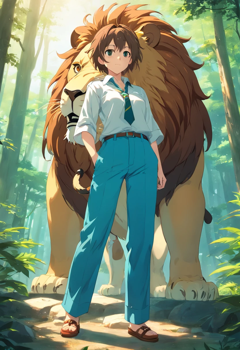 ((foto crua)), ((obra-prima)), humanoid lion , peludo, detalhe intrincado, 12k, forest behind, muscular arms, Rabo, small head, giant trapezoid, Ogro monstruoso, Titan, soft-lighting, cabelos loiros, olhos amarelos, wearing green pants, camisa azul, Casaco azul, bracelete dourado, estilo anime