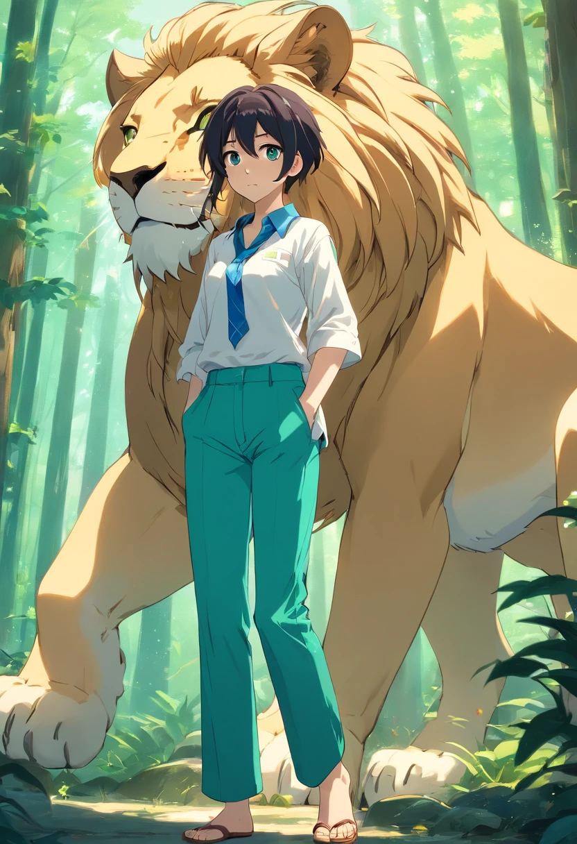 ((foto crua)), ((obra-prima)), humanoid lion , peludo, detalhe intrincado, 12k, forest behind, muscular arms, Rabo, small head, giant trapezoid, Ogro monstruoso, Titan, soft-lighting, cabelos loiros, olhos amarelos, wearing green pants, camisa azul, Casaco azul, bracelete dourado, estilo anime