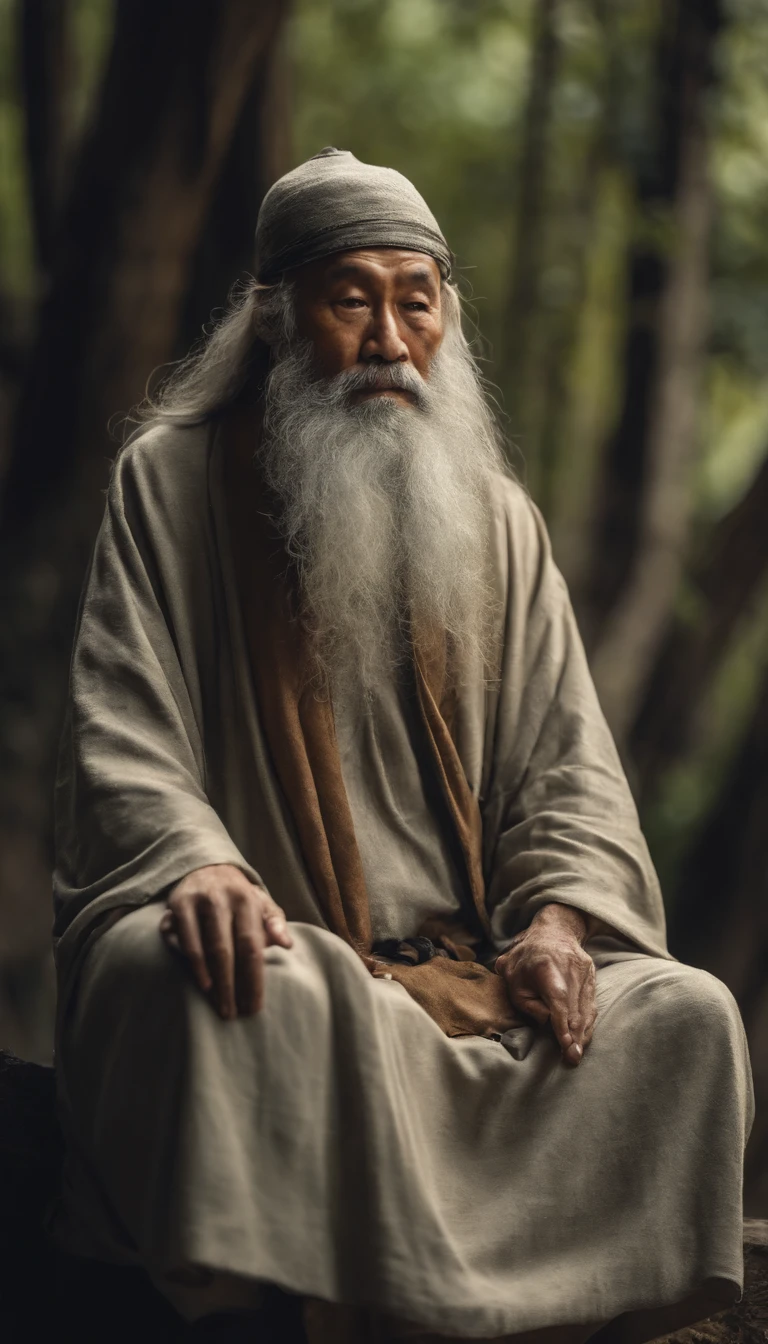 Close-up of 30-year-old Asian Taoist elder sitting on stone,Long, Whtie hair，Long beard，Meditation cross-legged，Taoism, wearing gray robes，magical aura，Taoist master,Taoist，Not centered，facing at camera，Very bright colors, Light particles, There is bright light, Mshiv, wallpaper art, ultra HD wallpaper, facing at camera, with a happy expression