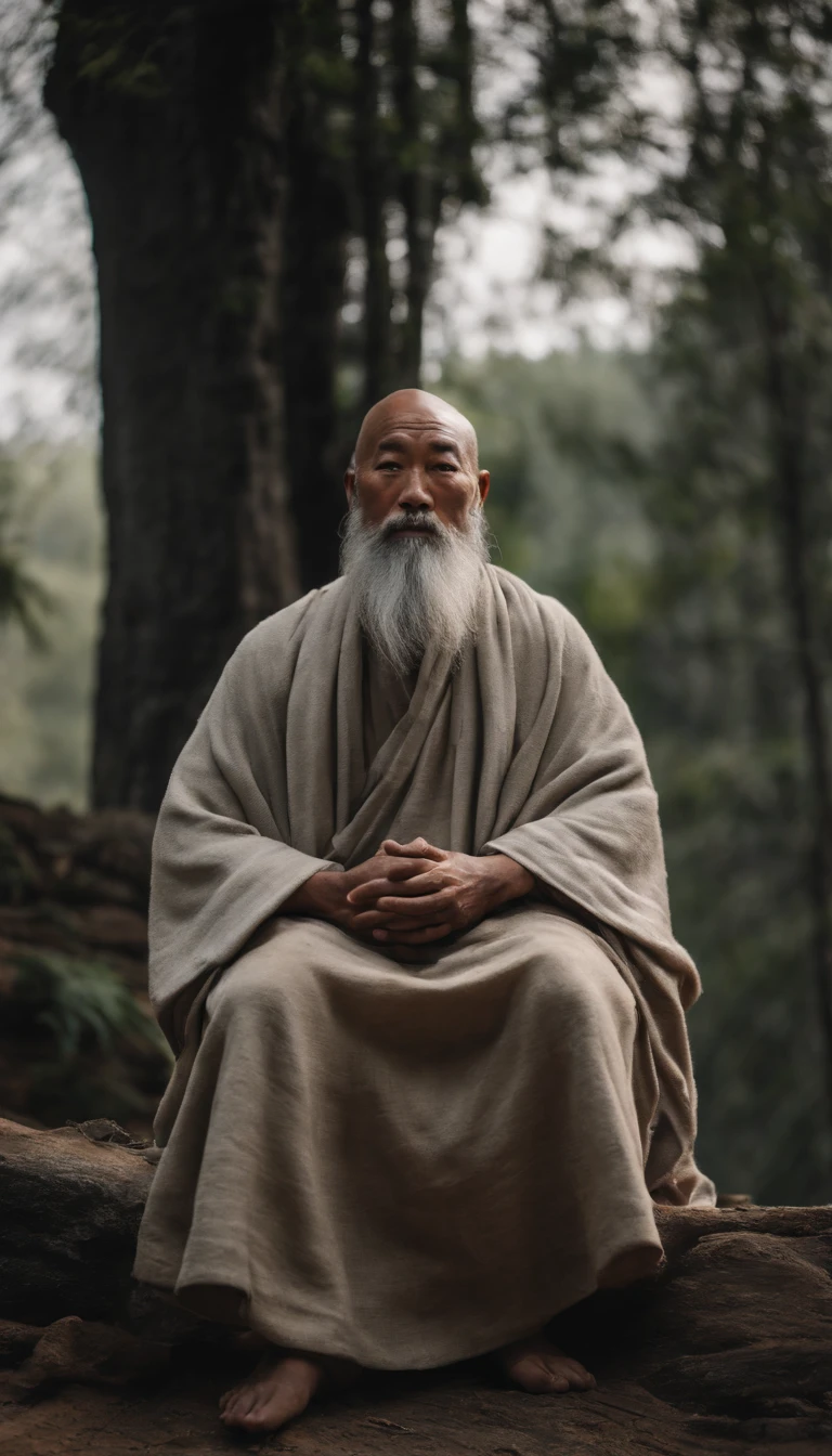 Close-up of 30-year-old Asian Taoist elder sitting on stone,Long, Whtie hair,Long beard,Meditation cross-legged,Taoism, wearing gray robes,magical aura,Taoist master,Taoist,Not centered,facing at camera,Very bright colors, Light particles, There is bright light, Mshiv, wallpaper art, ultra HD wallpaper, facing at camera, with a happy expression