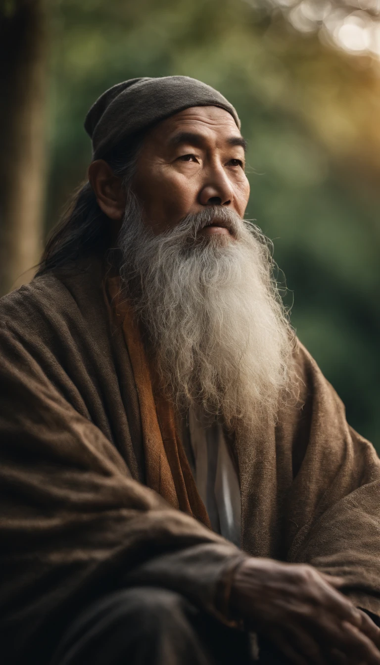 Close-up of 30-year-old Asian Taoist elder sitting on stone,Long, Whtie hair，Long beard，Meditation cross-legged，Taoism, wearing gray robes，magical aura，Taoist master,Taoist，Not centered，facing at camera，Very bright colors, Light particles, There is bright light, Mshiv, wallpaper art, ultra HD wallpaper, facing at camera, with a happy expression