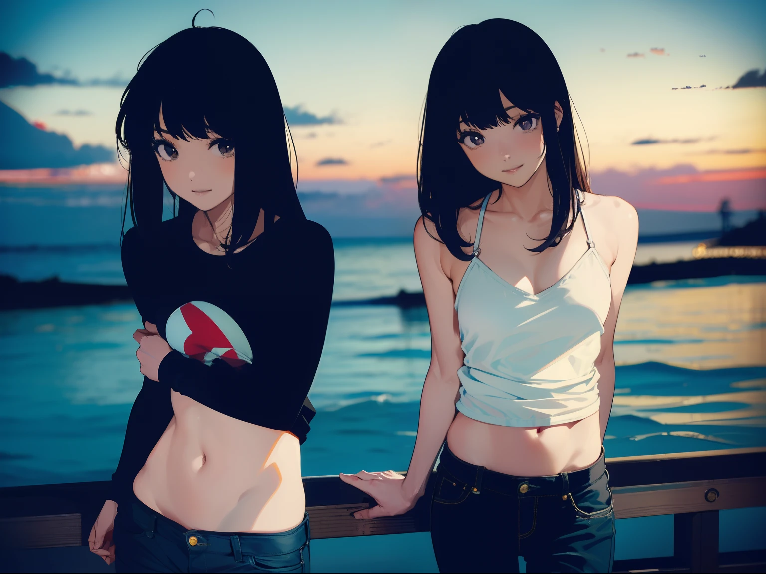 (((Two girls on a boat with arms spread wide in the sea at dusk。))) (((Standing at sea:1.1))),((Best Quality, masutepiece :1.3)),(1 Japan mature woman),Black hair, longeyelashes, Solid Circle Eyes, lightsmile, drop shadow, Atmospheric perspective, 8K, Super Detail, ccurate, Best Quality, Small breasts,Black jacket, Black T-shirt ,Navy Blue Jeans,