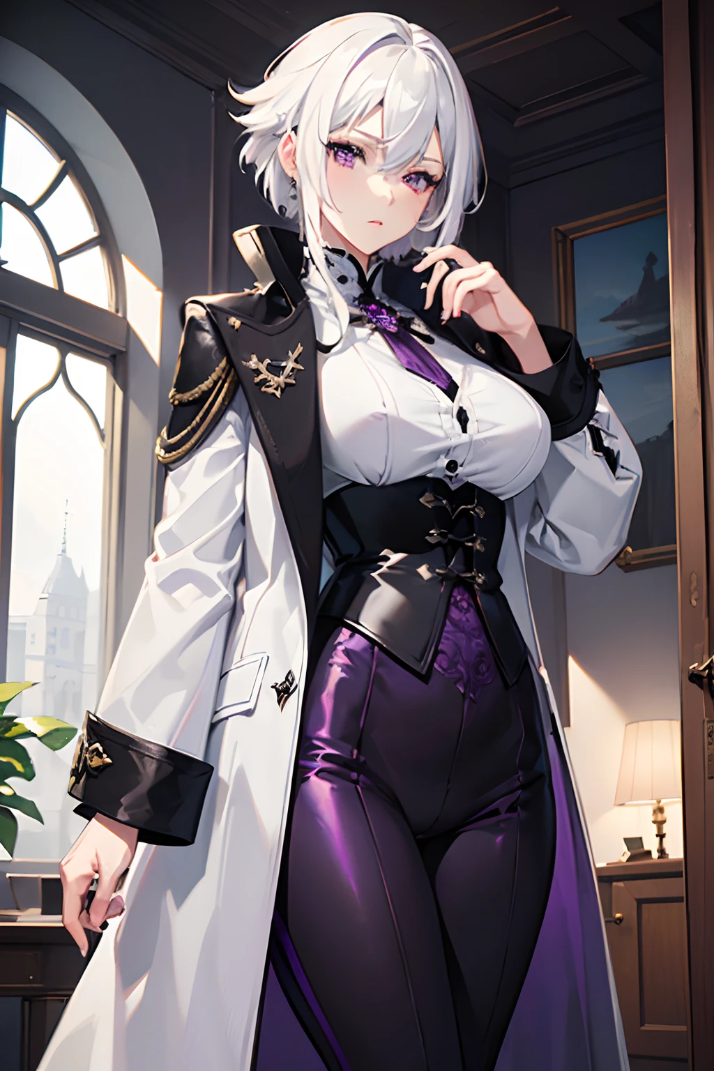 (masterpiece, best quality:1.2), illustration, 8k, hd, 1girl, solo, (((white hair, purple eyes,))) black coat, large breasts, black pants, short hair, indoors, arle suit, serious expression, tall, mature, elegant, black gloves